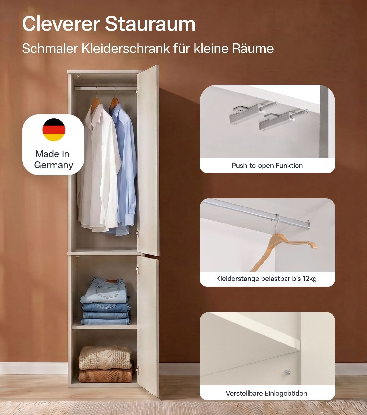 mokebo Kleiderschrank Beige 'Robe' Schrank Kaschmir Push-to-Open (47x197 cm) Made in Germany, Kleiderschrank grifflose Schubladen & Türen Beige – Bild 3 von 5