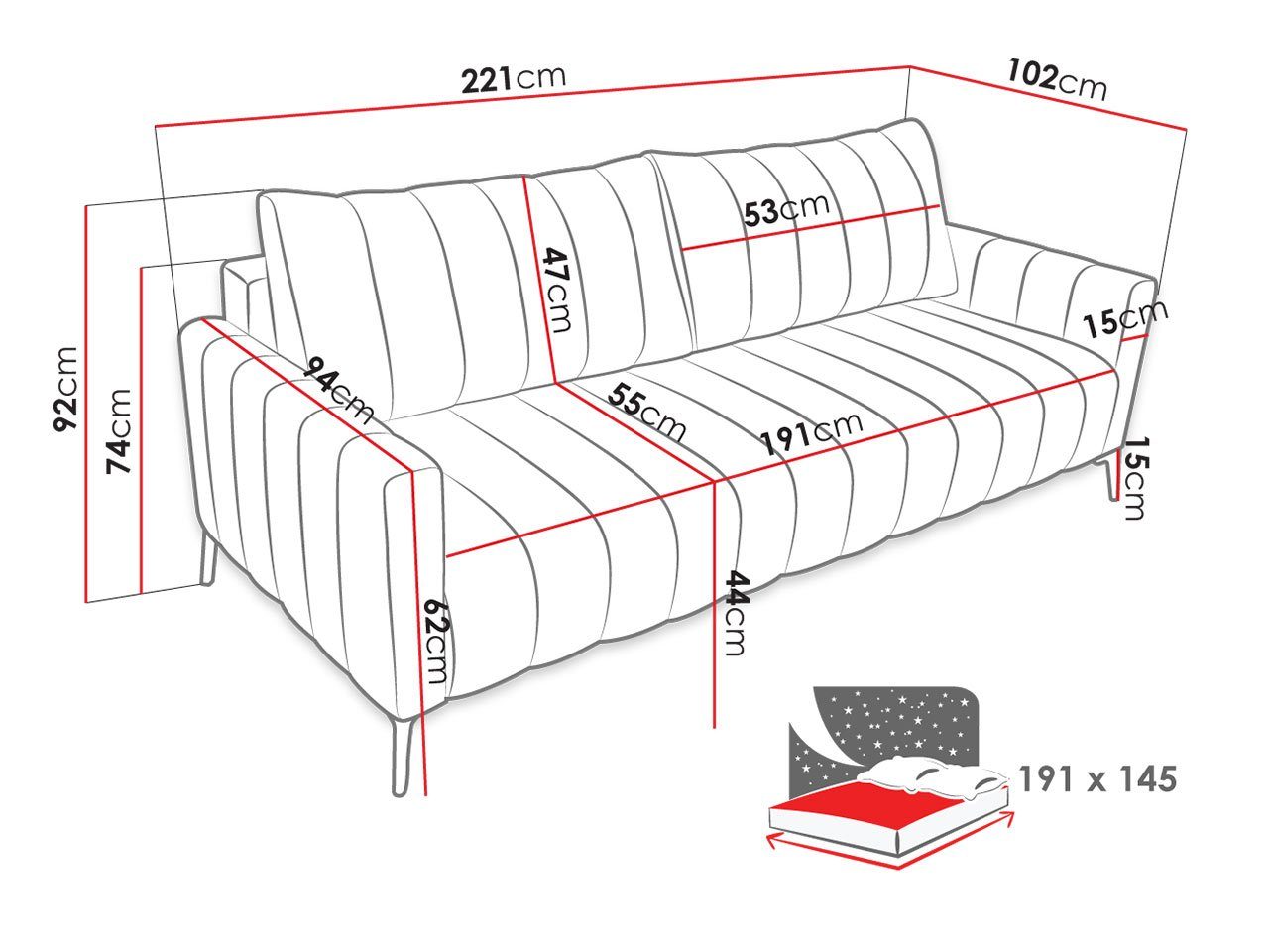Sofa, und Monolith 3 MIRJAN24 Schlaffunktion Polstersofa, Freistehendes Marion, Bettkasten, 92 Couch Schlafsofa mit Sitzer