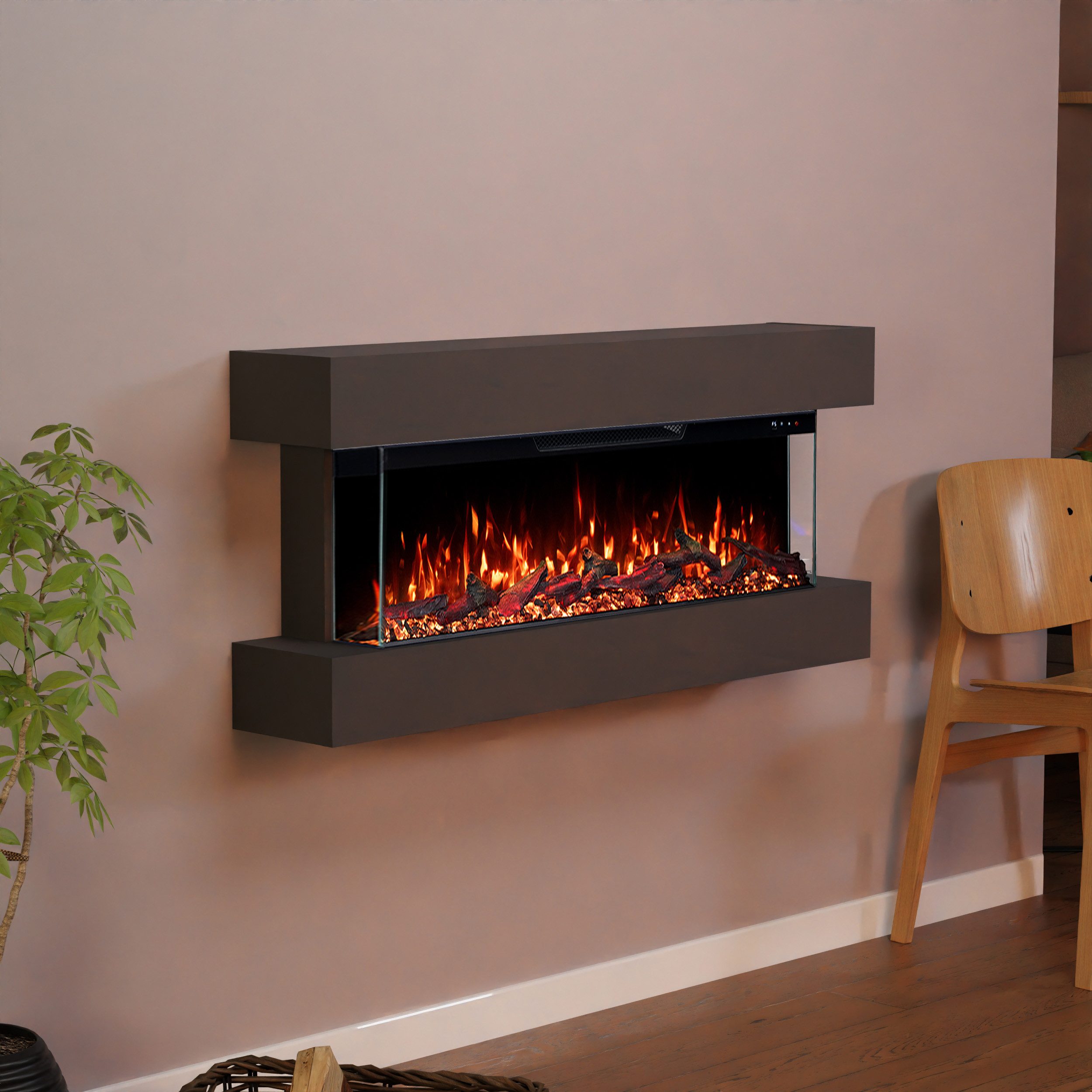 GF Core Elektrokamin Clear Wall Elektrokamin mit 3D Feuer und Heizung (Thermostat), Elektrischer Wandkamin mit APP Steuerung, Heizleistung (900- 1800 W)