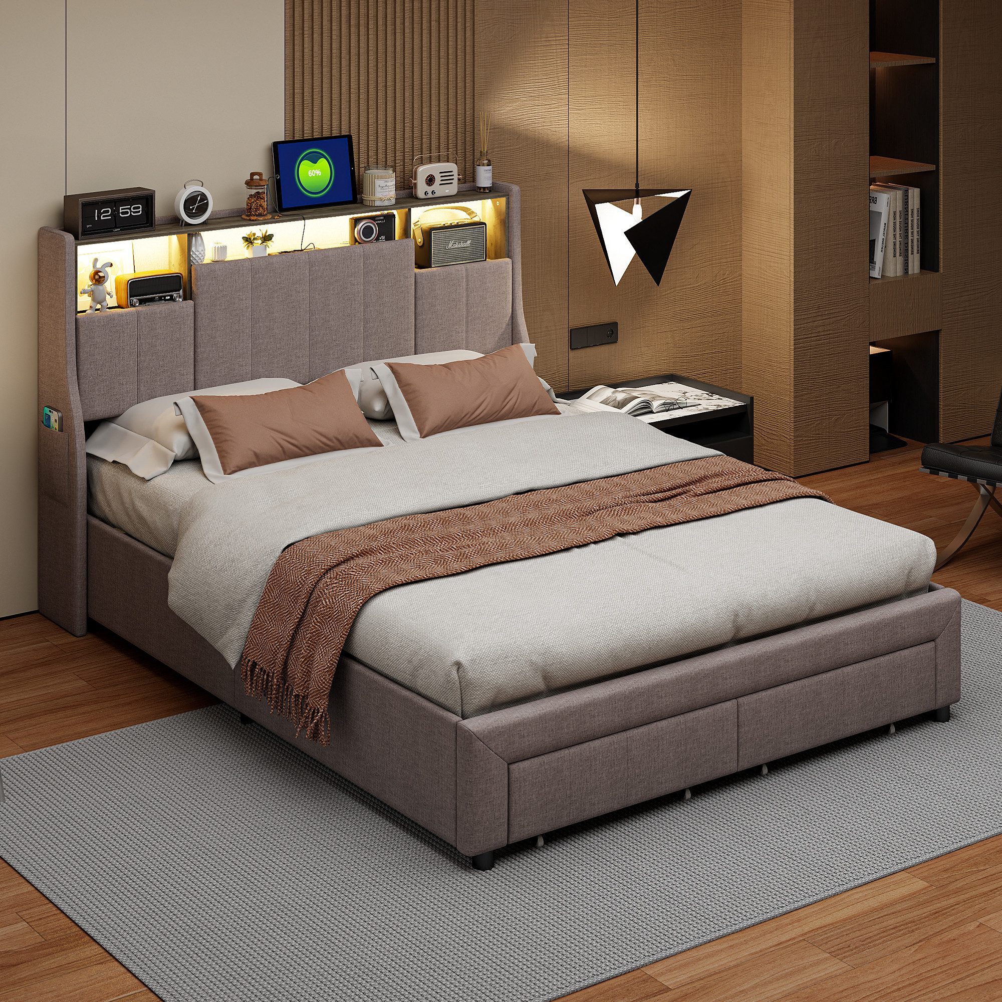 PXloue Polsterbett LED Doppelbett Stauraumbett, Ladefunktion, günstig online kaufen