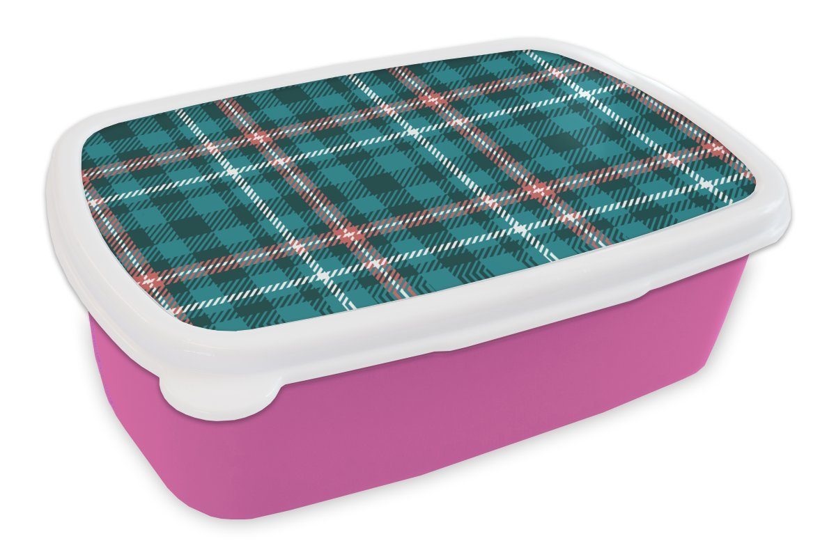 MuchoWow Lunchbox Kariert - Tartan - Muster - blau - rosa, Kunststoff, (2-tlg), Brotbox für Erwachsene, Brotdose Kinder, Snackbox, Mädchen, Kunststoff