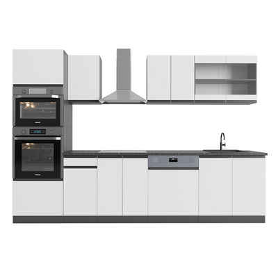 Livinity® Küchenzeile R-Line, Weiß/Anthrazit, 300 cm mit Hochschrank, AP Marmor