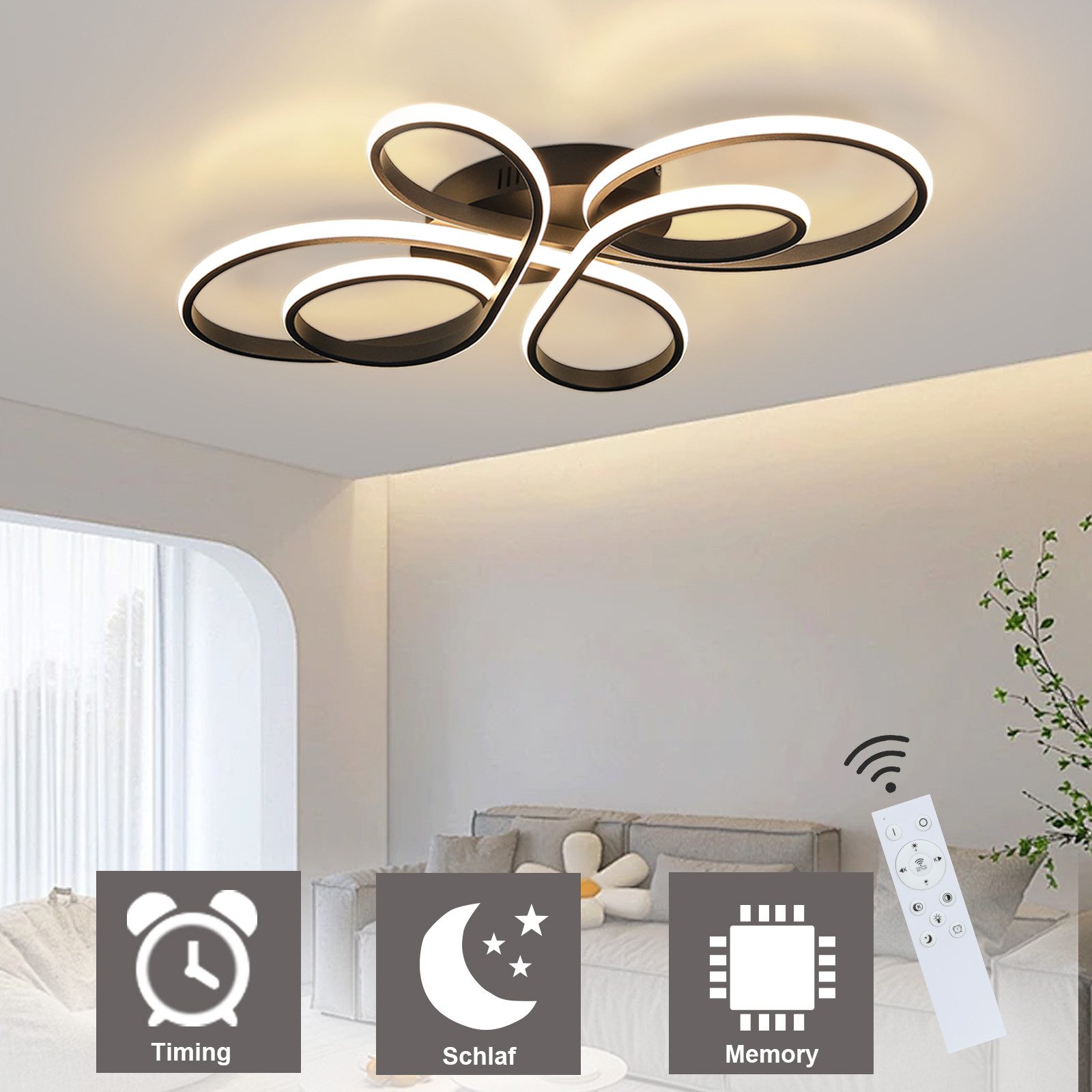 Nettlife LED Deckenleuchte Wohnzimmer Schwarz Dimmbar Modern 66/80/100CM Deckenlampe Warmweiß, Dimmbar mit Fernbedienung, LED fest integriert, Warmweiß Neutralw – Bild 3 von 5