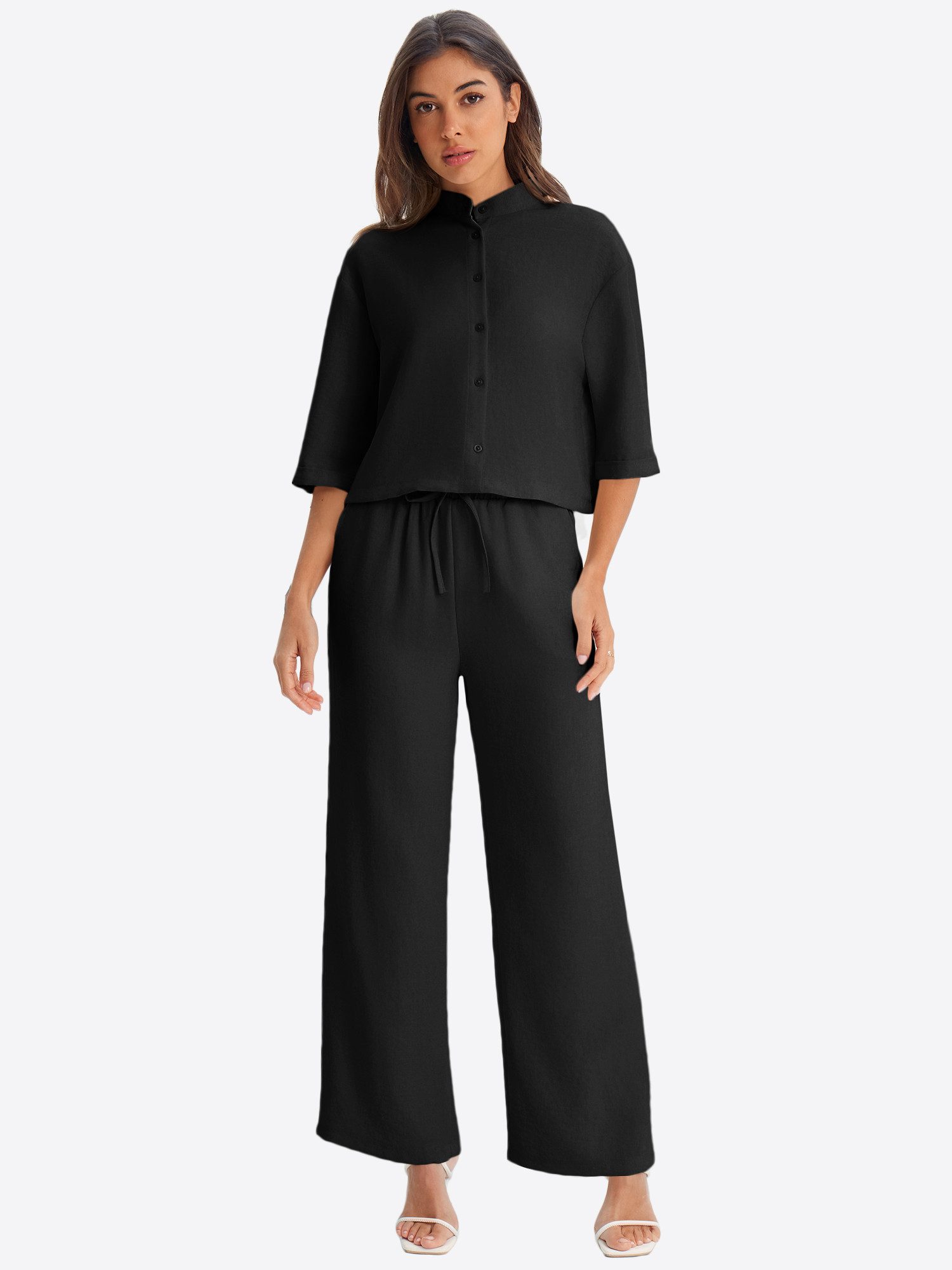 Imily Bela Hausanzug Damen 2-teilige Sets (Set, 2 tlg., Kurzärmeliges Top mit Knopfleiste; Hose mit Kordelzug) einfarbig