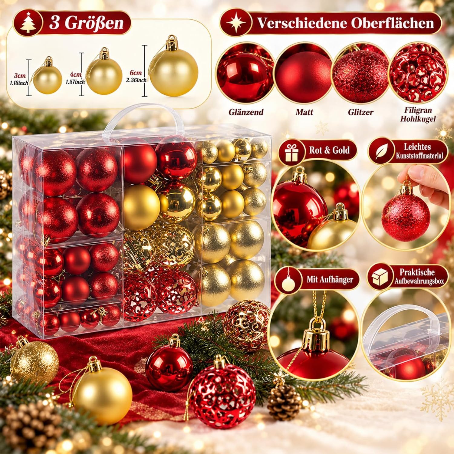 lindahandel Weihnachtsbaumkugel 100er Set Christbaumkugeln aus Plastik in Gold & Rot, inkl. Aufhänger, Christbaumkugeln Gold Rot,Kugeln Weihnachtsbaum,Christbau – Bild 2 von 5