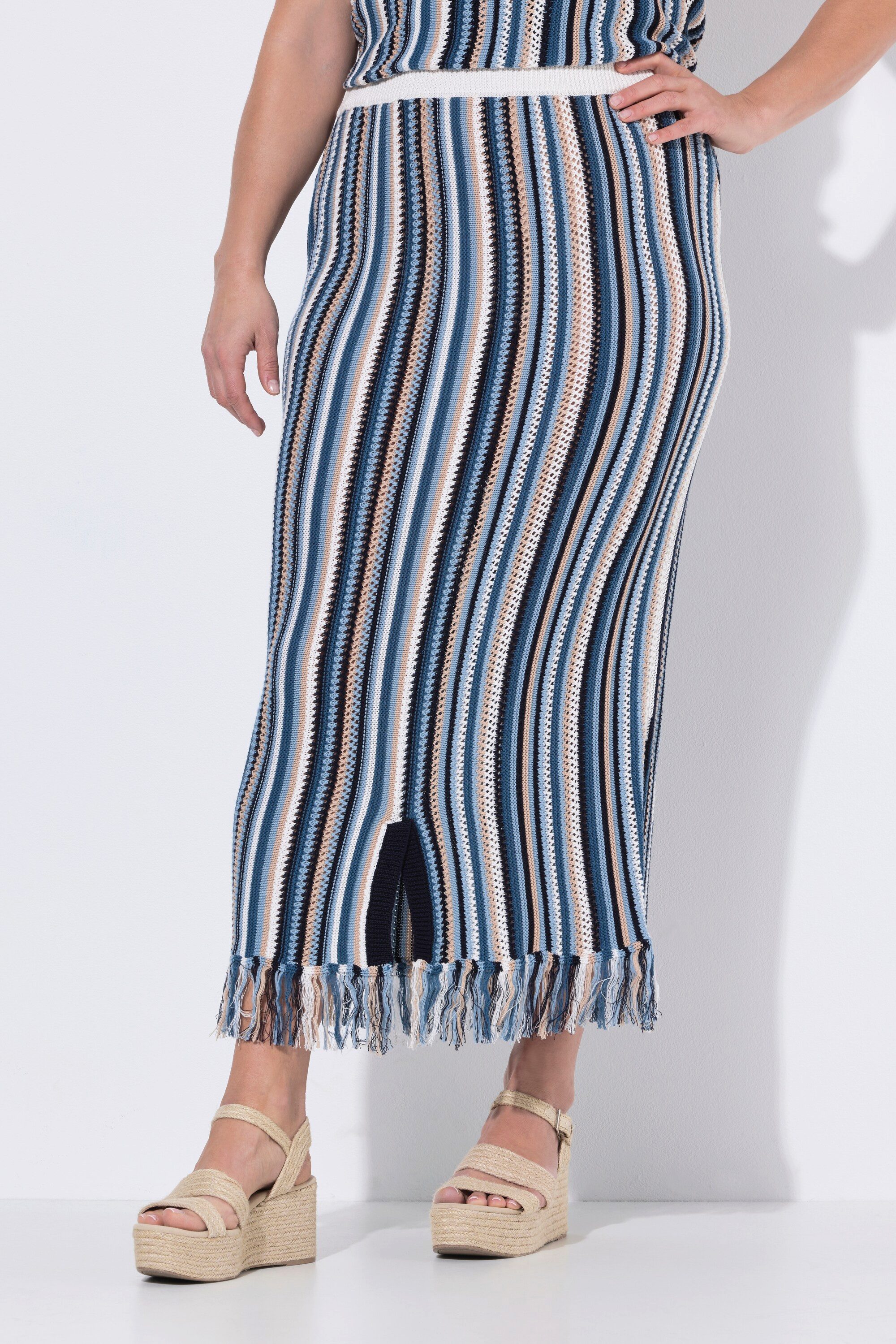 Ulla Popken Midirock Strickrock Ajourstreifen Fransen Elastikbund