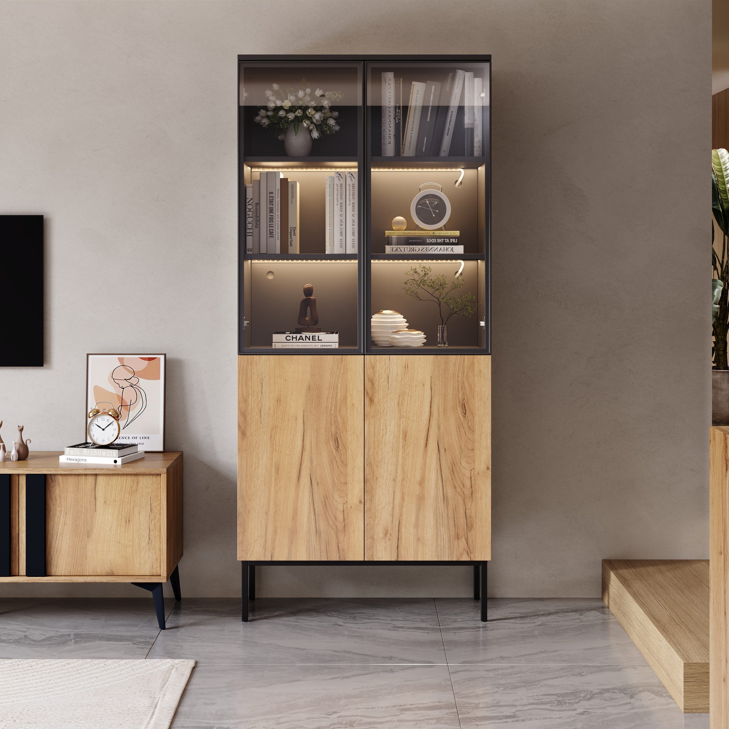 MODFU Vitrine LED-Vitrine, Pop-Up-Glastüren (Hochschrank, Standvitrine, günstig online kaufen