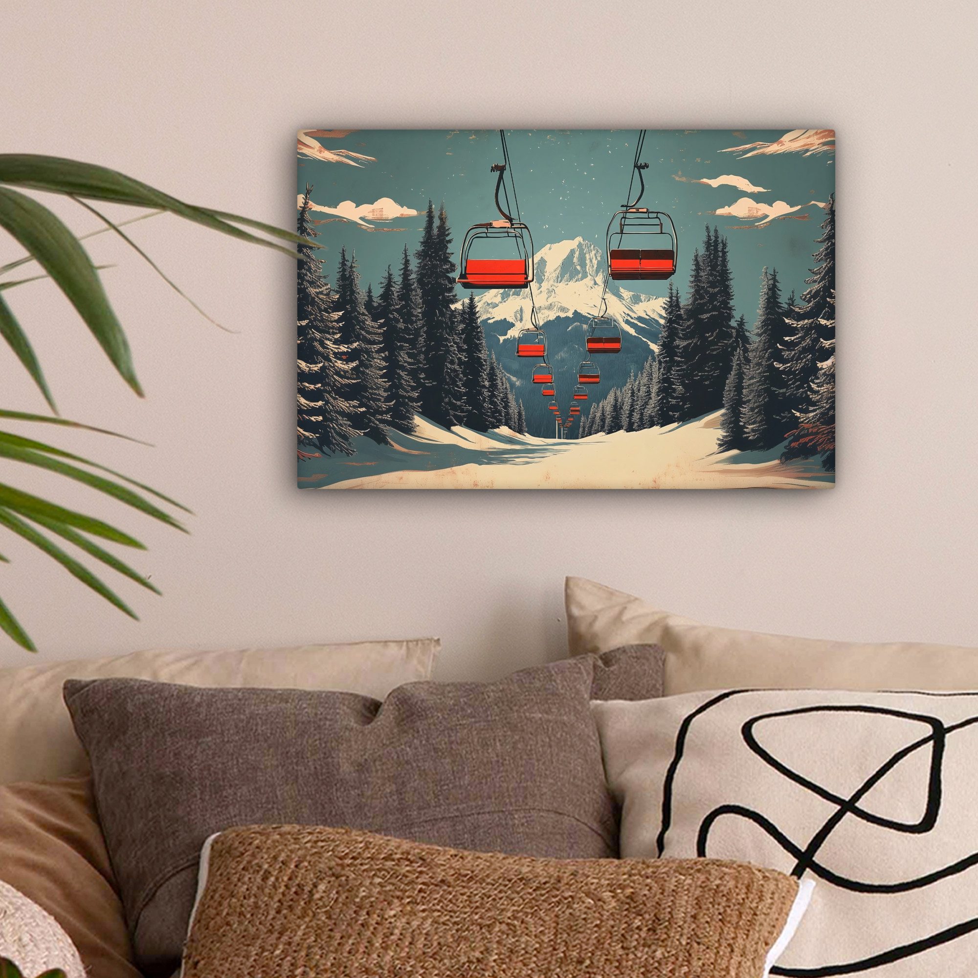 OneMillionCanvasses® Leinwandbild Schnee - Skilift - Rot - Bäume, Fotodruck (1 St), Leinwand Bilder Klein, Wand Dekoration Aesthetic 30x20 cm