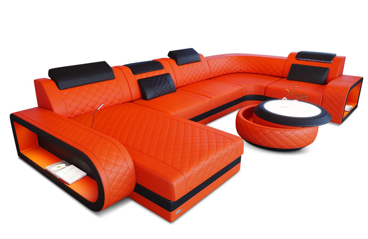 Sofa Dreams Wohnlandschaft Berlin U Form Mini Leder, Designersof, 6-Sitzer, LED-Beleuchtung, Couch, Kopfstützen, USB-Anschluss, Ottomane