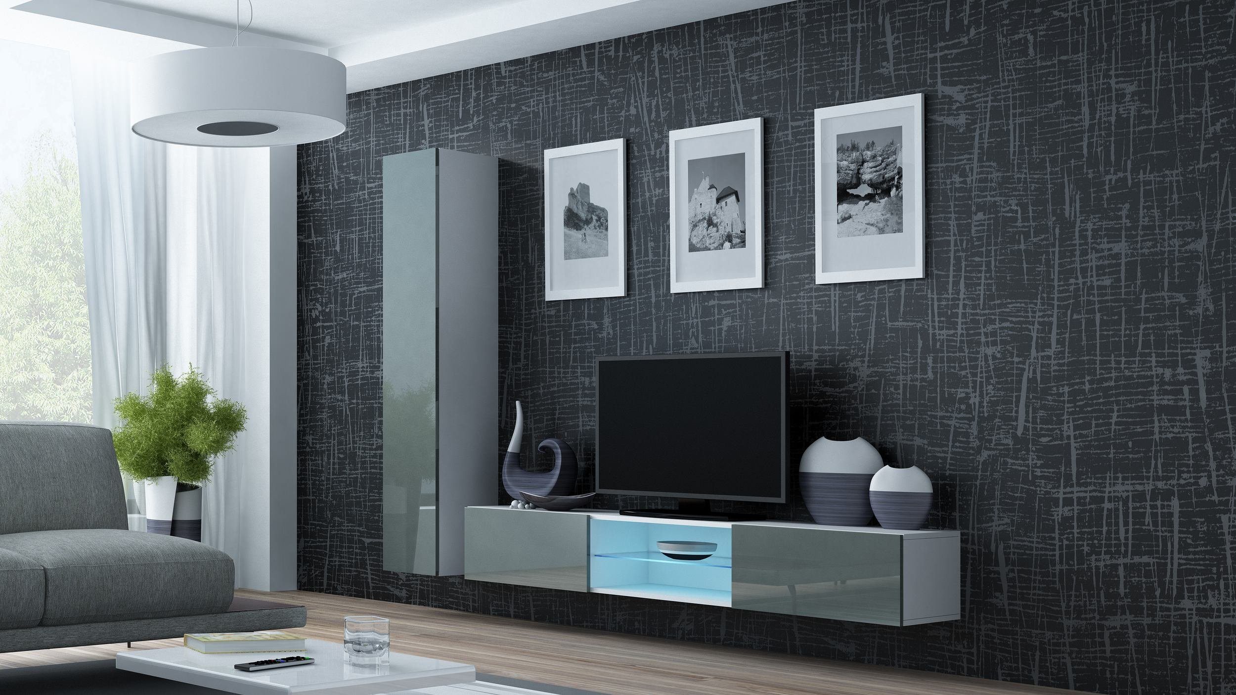 Stylefy Wohnwand Vago XXI, (Set (2-St), Wohnmöbel, Wohnzimmer-Set), bestehend aus 1xLowboard und 1xHängeschrank, inkl. LED-Beleuchtung, mit Push-to-Open, Modern Design Weiß Matt - Grau Hochglanz