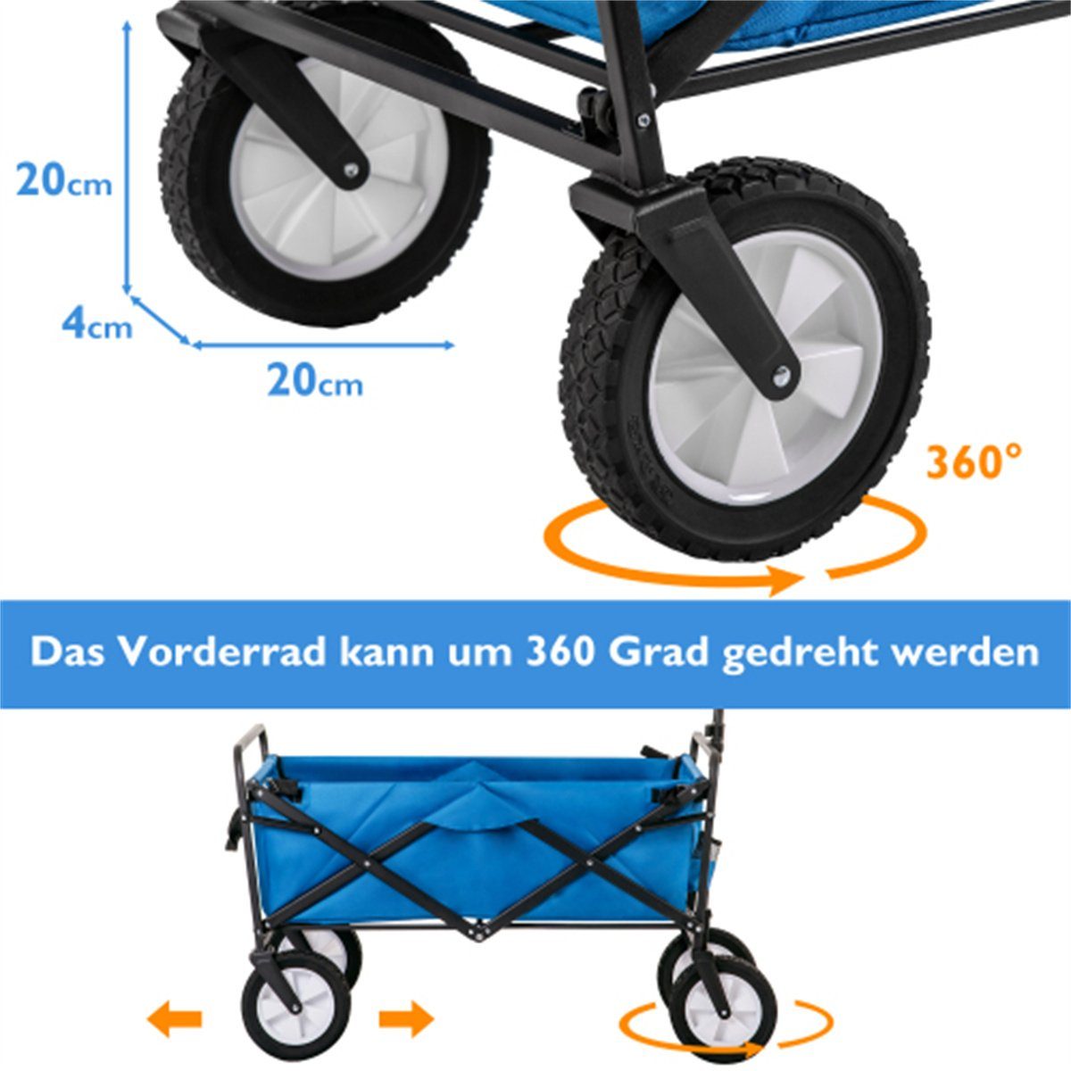 XDeer Bollerwagen klappbarer Handwagen,Gartenwagen,Transportwagen,Strandwagen, aus Mesh,verstellbare Blau Stofftasche Griffe, Getränkehalter