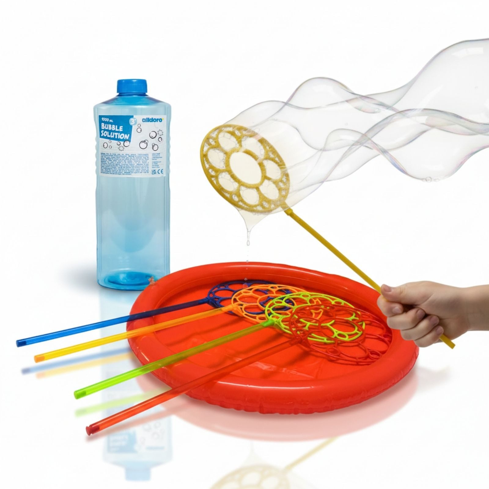 alldoro Seifenblasenspielzeug Riesen-Seifenblasen Set mit 4 Blasringen + 1 L Seifenblasenflüssigkeit, Komplettes Seifenblasen-Spiel mit aufblasbarem Becken, ab 3 Jahren