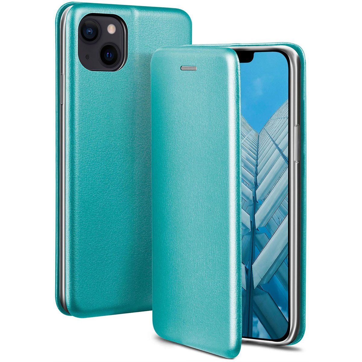 ONEFLOW Handyhülle für iPhone 14 Plus Premium Hülle Business Cover Blau 6,7 Zoll, 360 Grad Schutzhülle Flip Case Etui Klapphülle Dünn Leder Handy Tasche