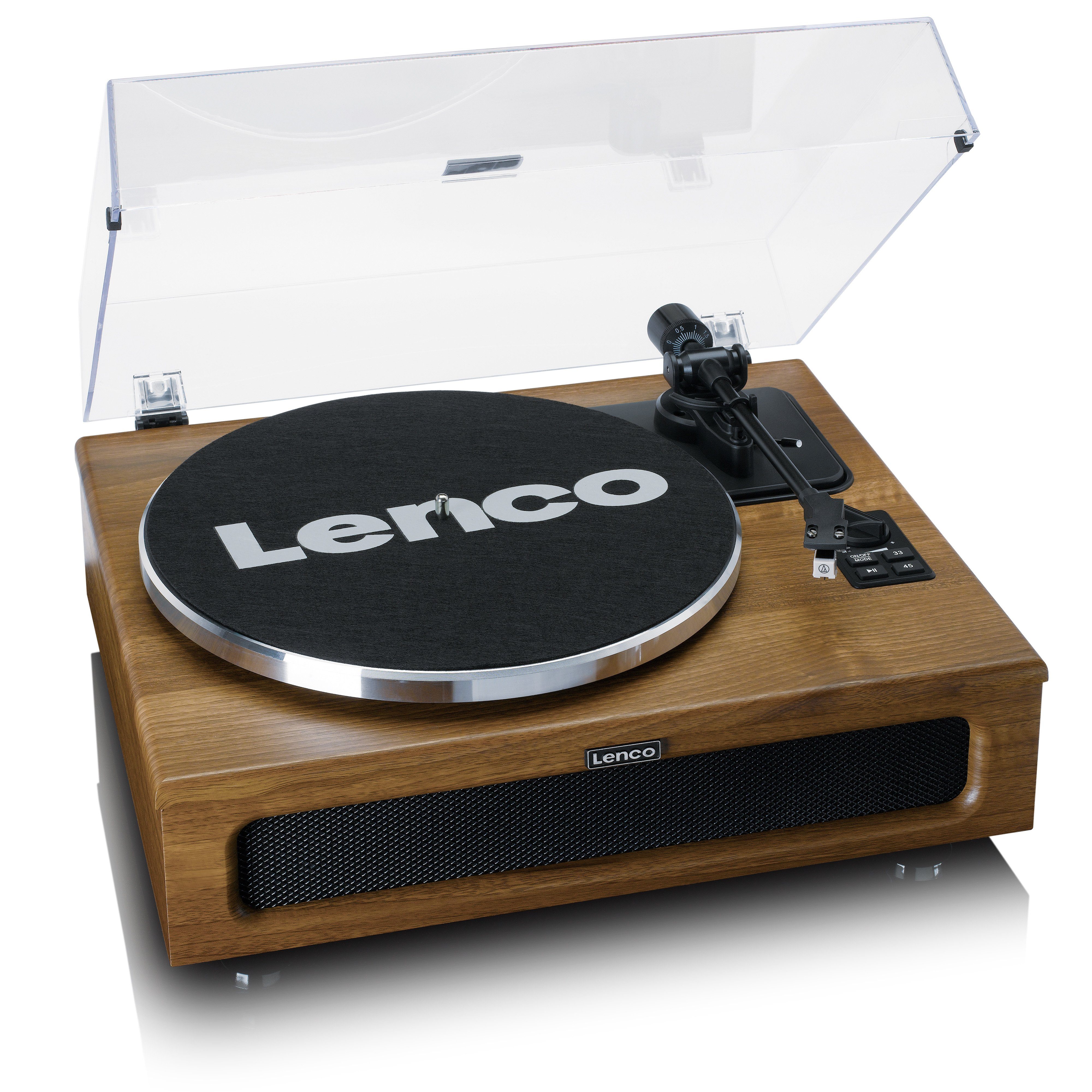 Lenco LS-410WA Plattenspieler (Riemenantrieb, Bluetooth, Bluetooth 5.0, integr. 40W-RMS-Lautsprecher & Audio-Technica, Walnuss)