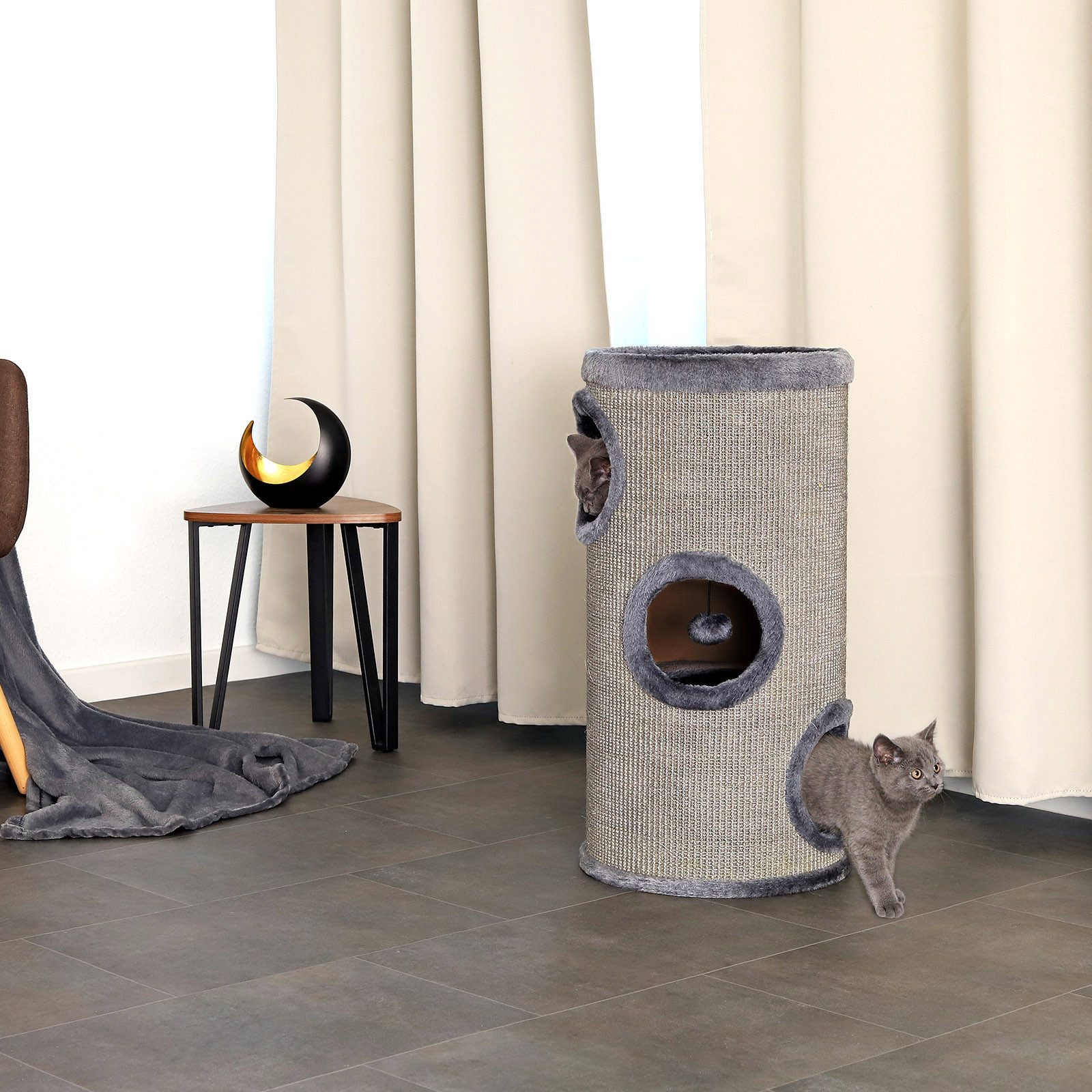 lionto Kratztonne Sisal 70 cm, Kratzturm mit 3 Eingängen & Kuschelbett, grau, (1-tlg), robust & platzsparend, Katzenspielplatz