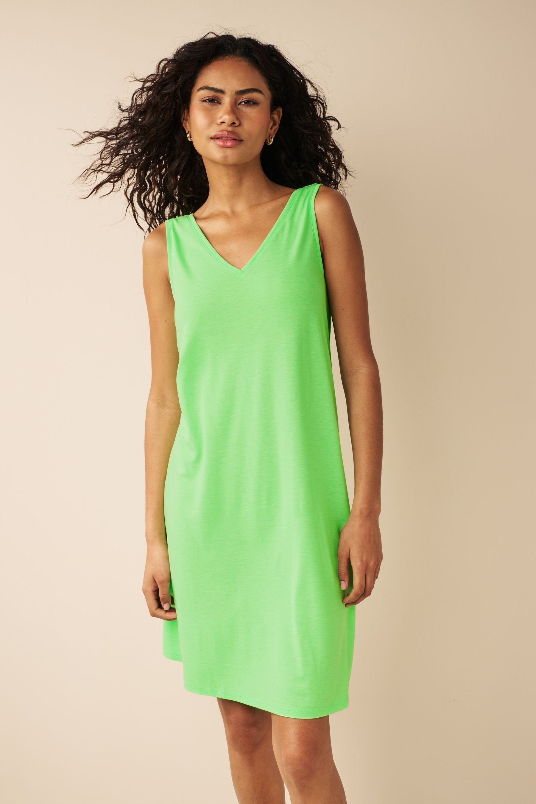 V-Ausschnitt Lässiges Kleid mit (1-tlg) Green Jerseykleid Fluro Next