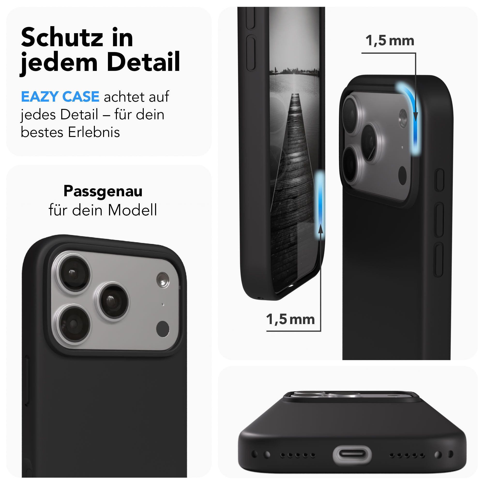 EAZY CASE Handyhülle für Apple iPhone 17 Pro Hülle Silikon 6,3 Zoll, Hülle mit Kameraschutz Bumper Silikonhülle stoßfest Slimcover Schwarz