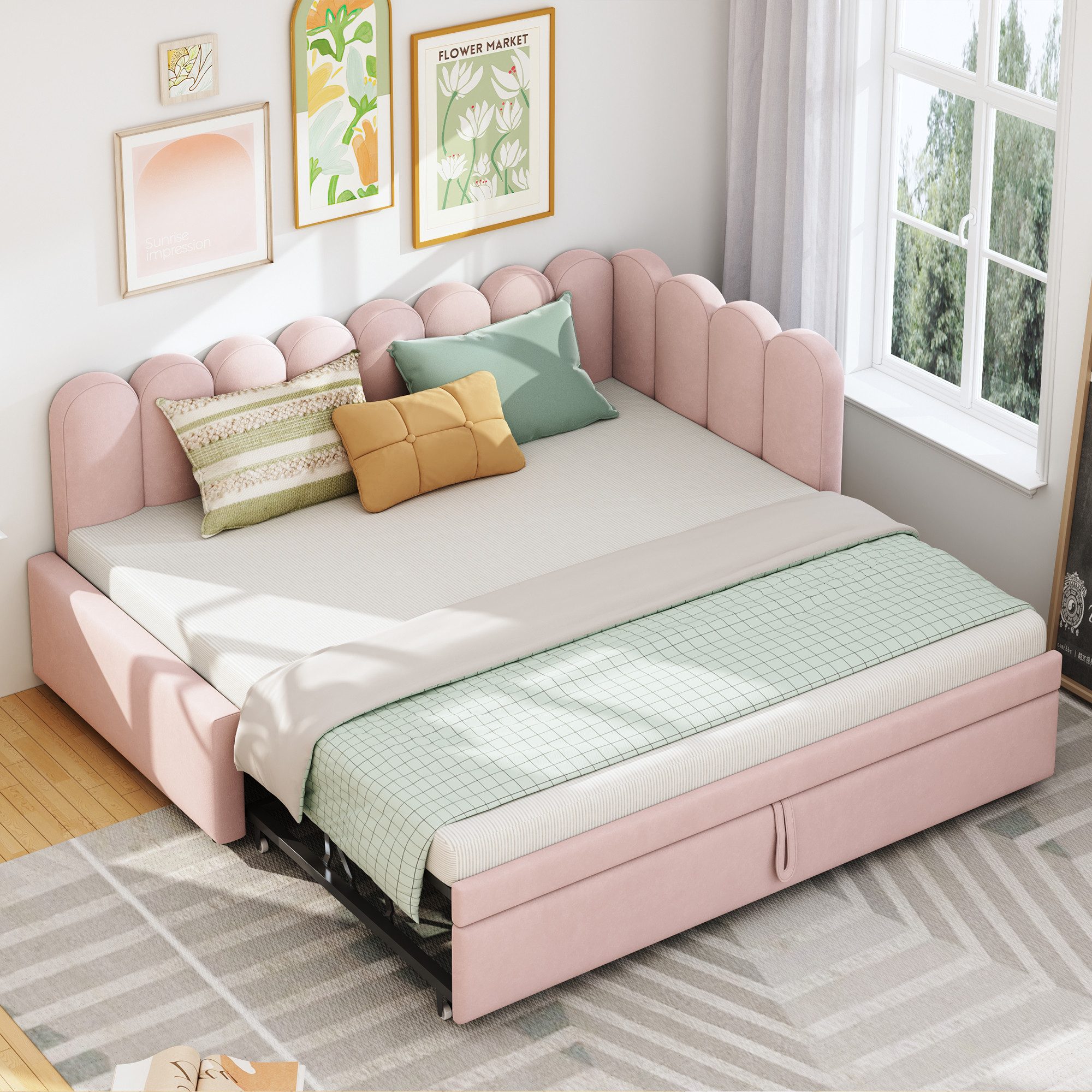 Odikalo Schlafsofa PolsterJugendbett Ausziehbares Schlafcouch L-Form Kopfteil Wolkenform, Samtrosa Platzsparendes Design Kann als Kinderbett oder Gästebett genutzt warden