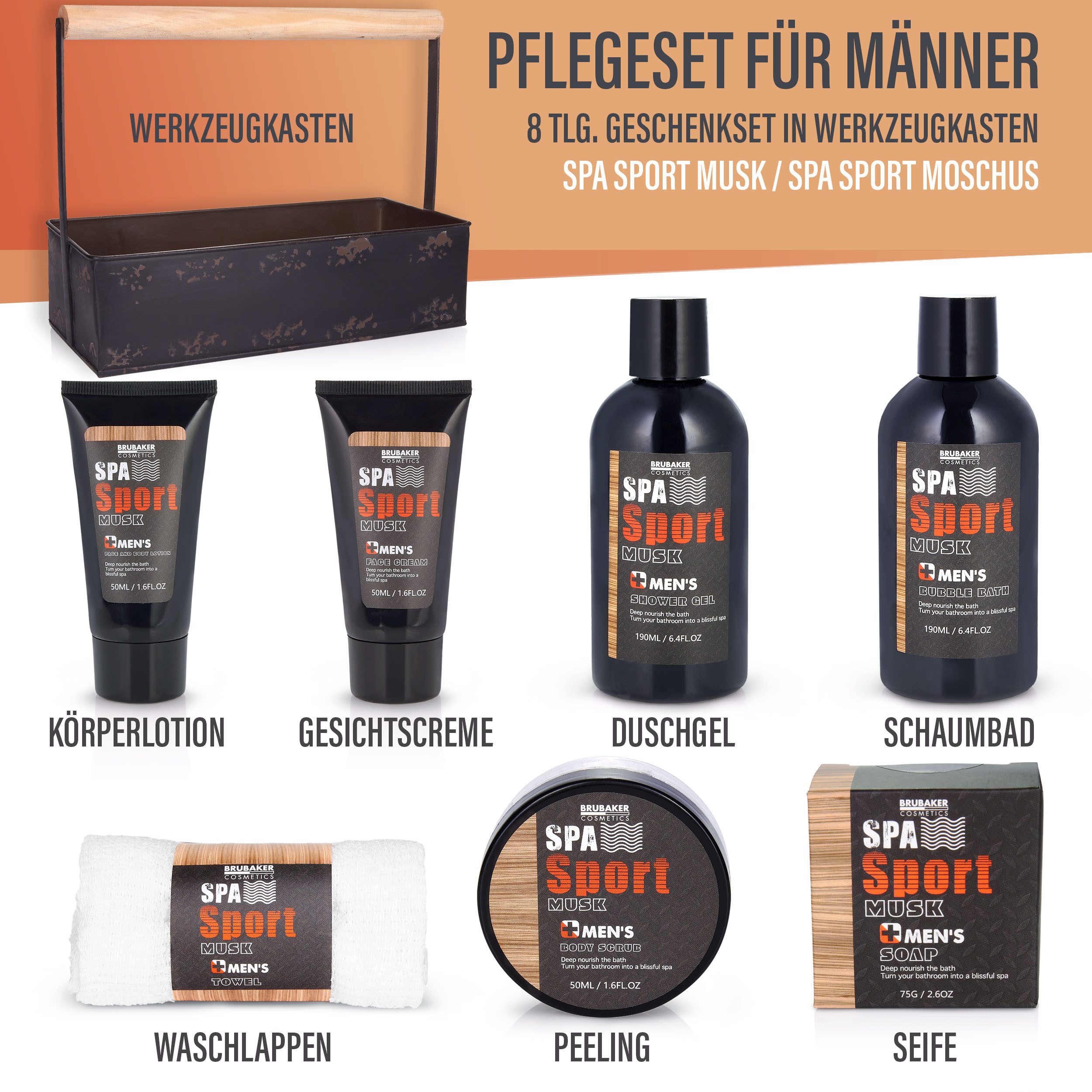 BRUBAKER Pflege-Geschenkset Dusch- und Badeset für Männer - Geschenk für Papa, Vatertagsgeschenk Pflegeset, 8-tlg., Herren Geschenkset in Werkzeugkasten, Pflegeset Spa Sport Musk