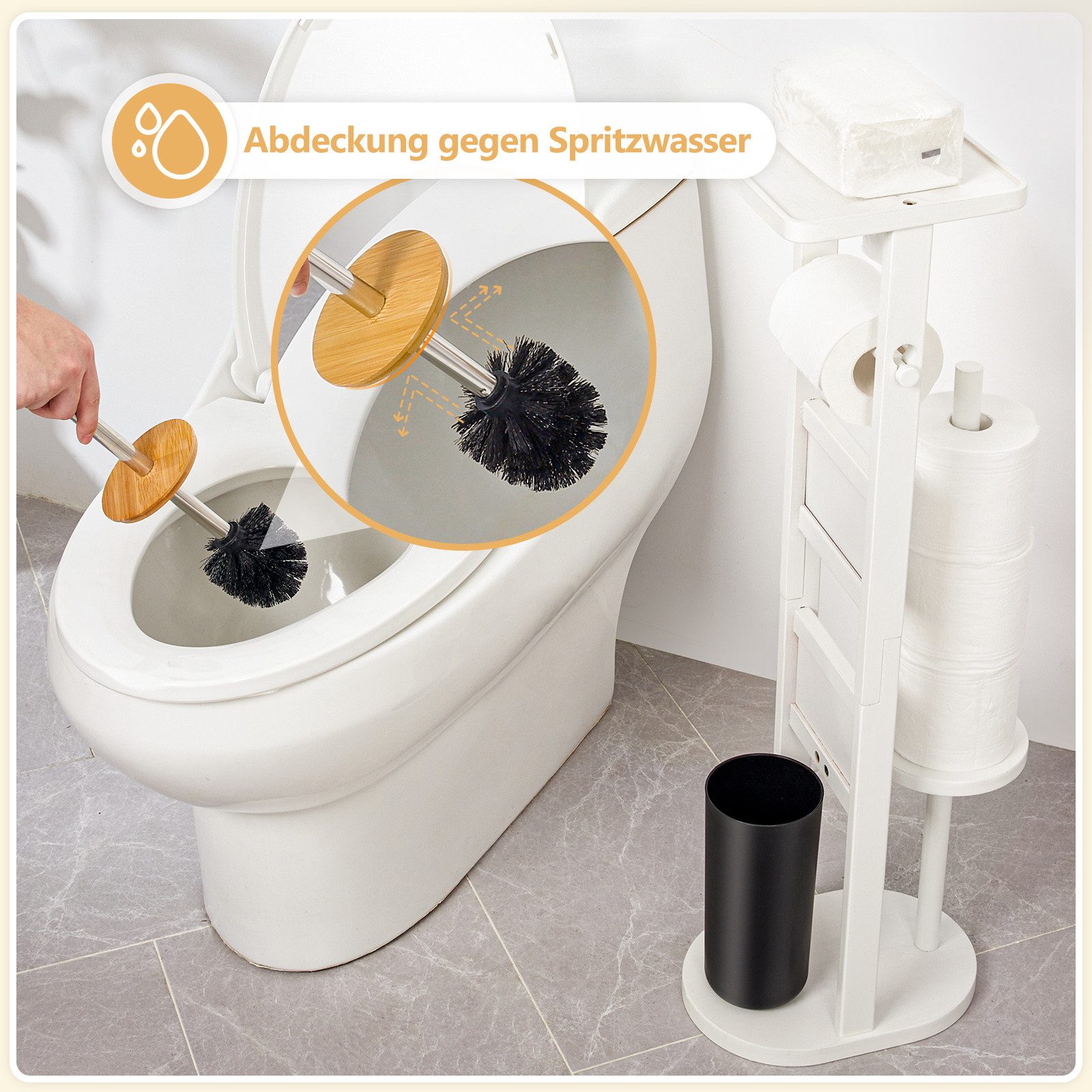 Yorbay WC-Garnitur Toilettenpapierhalter stehend aus Bambus, (WC-Bürstenhalter/Ablage, /Toilettenbürste/Klorollenhalter), Stand WC Garnitur mit Klobürste für WC – Bild 4 von 5