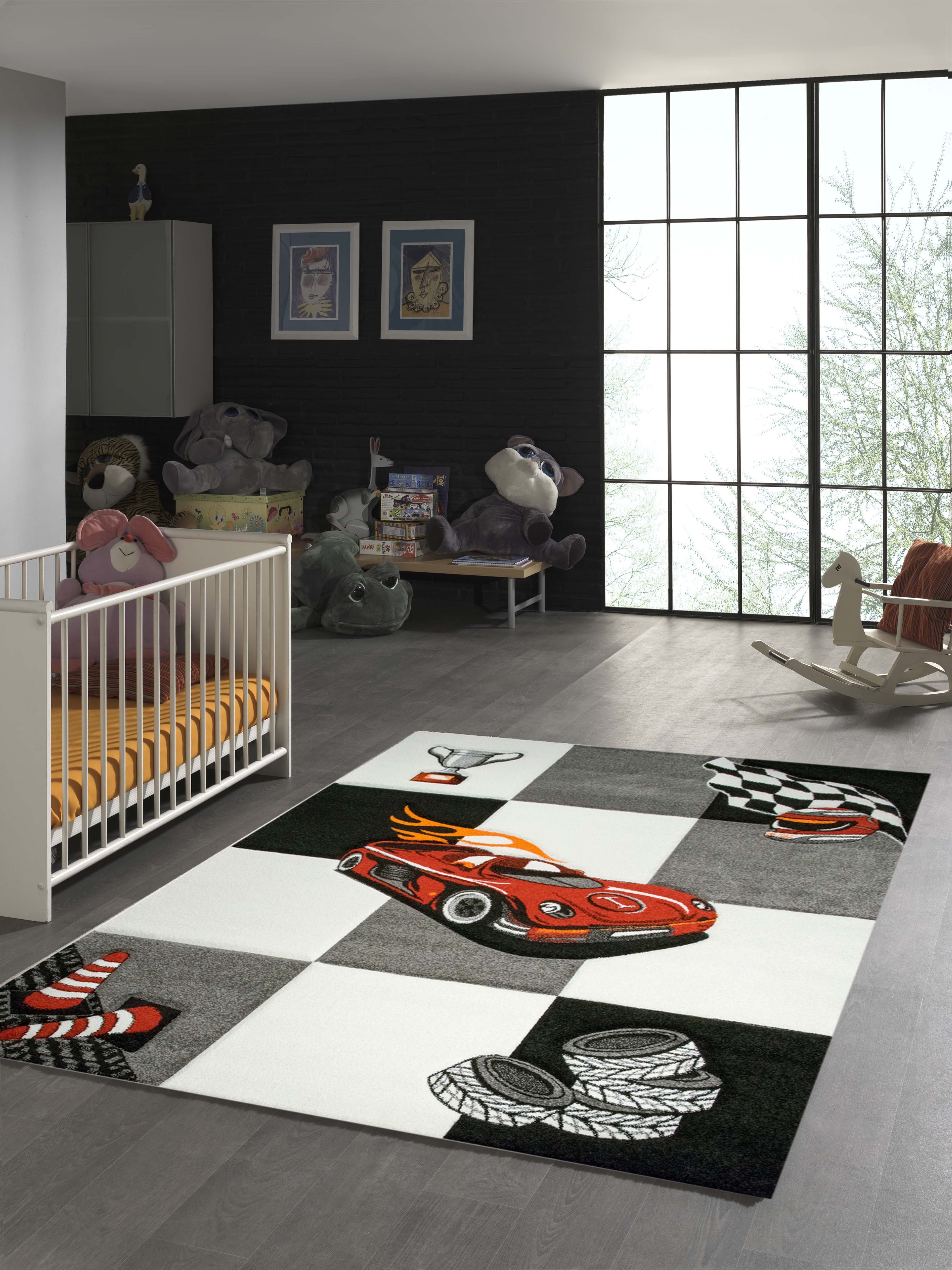 Kinderteppich Kinderteppich Rennauto mit Creme Grau Rot Orange Schwarz