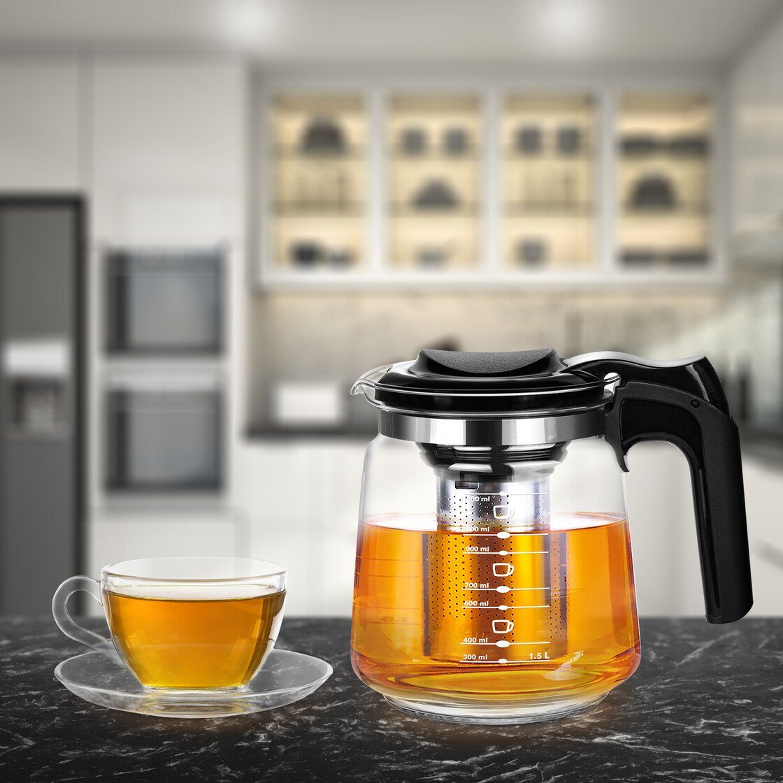 T24 Teekanne Glasteekanne mit Siebaufsatz Hitzebeständig Teesieb, 1,5 l, Edelstahlsieb & Ergonomischer Griff & Hitzeschutz – Bild 3 von 5