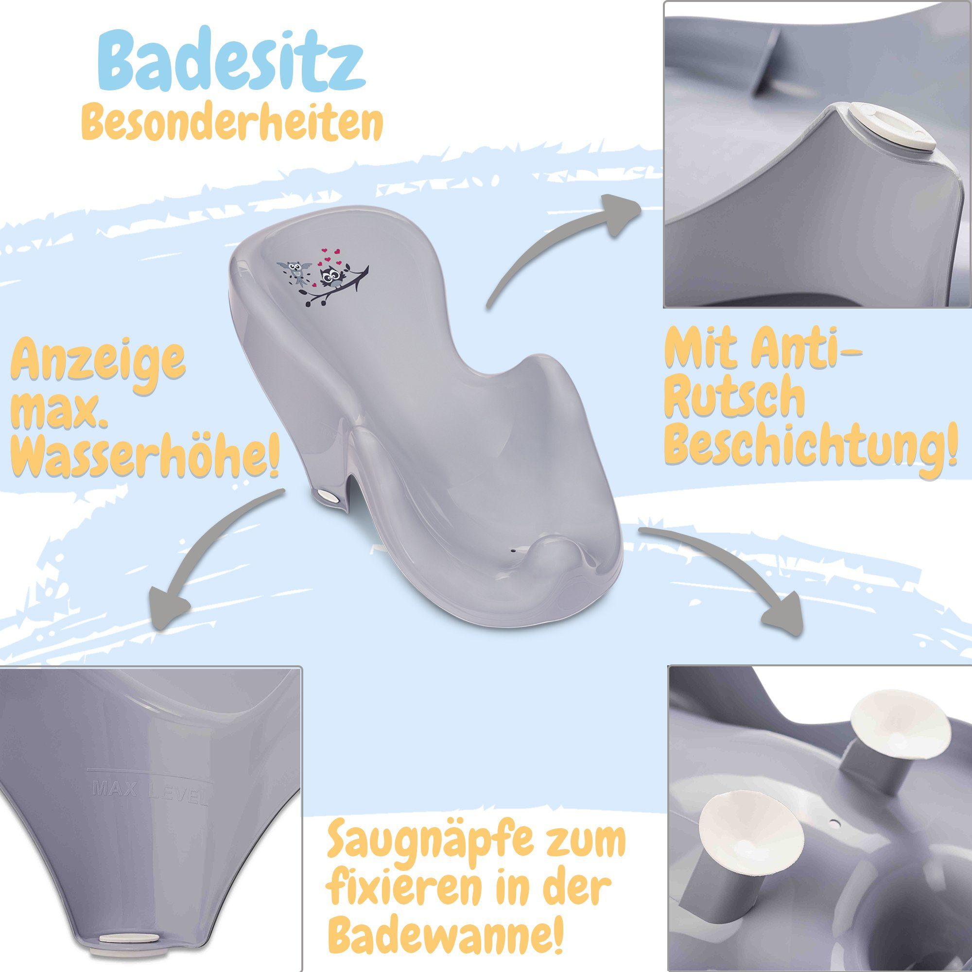 Babykajo Badesitz, TÜV 0000081291 Rheinland grau Eule zertifiziert