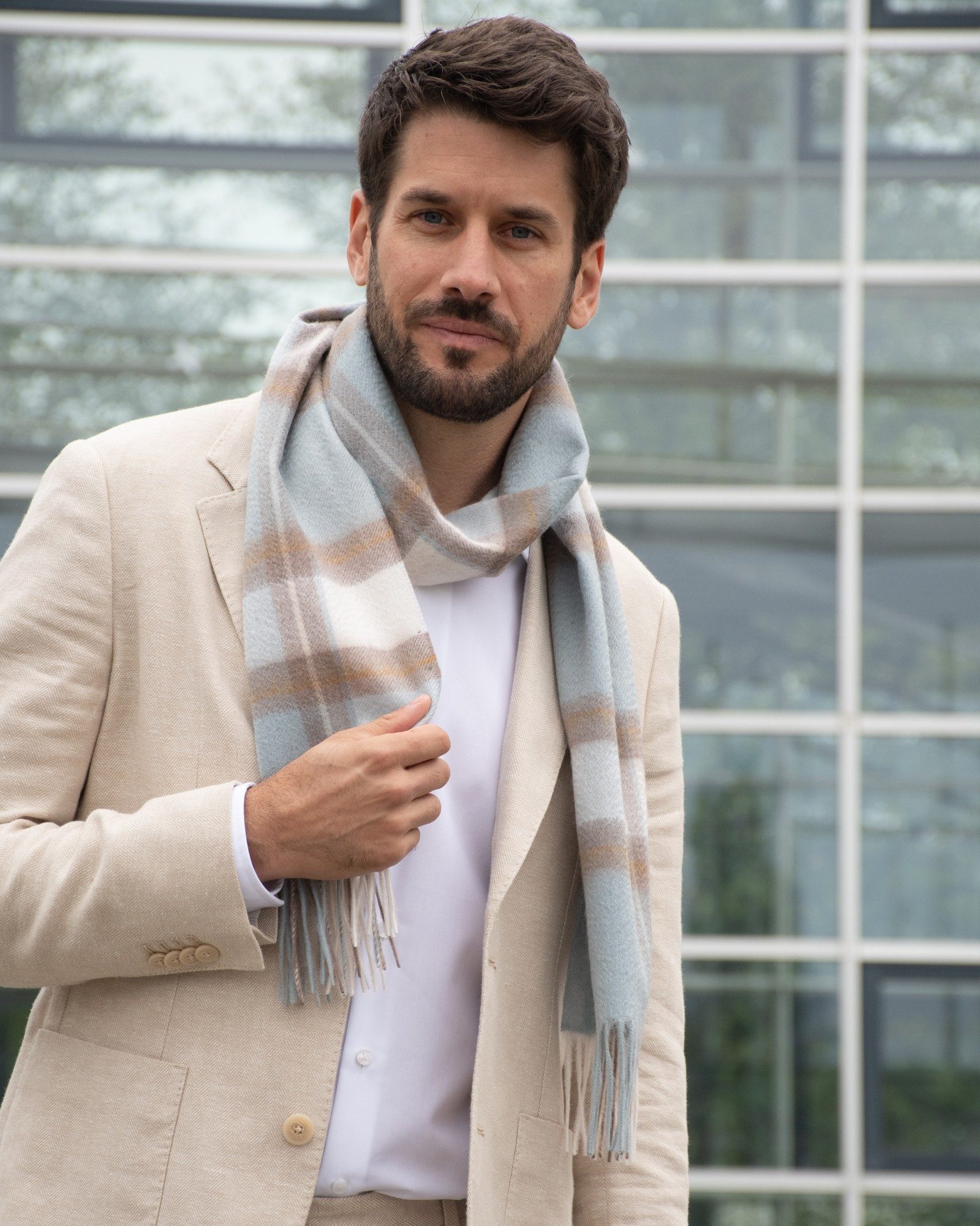 MayTree Kaschmirschal 100% Kaschmir, Tartan hellblau, taupe, weiß, (Stück, 1-St), 100% Kaschmir