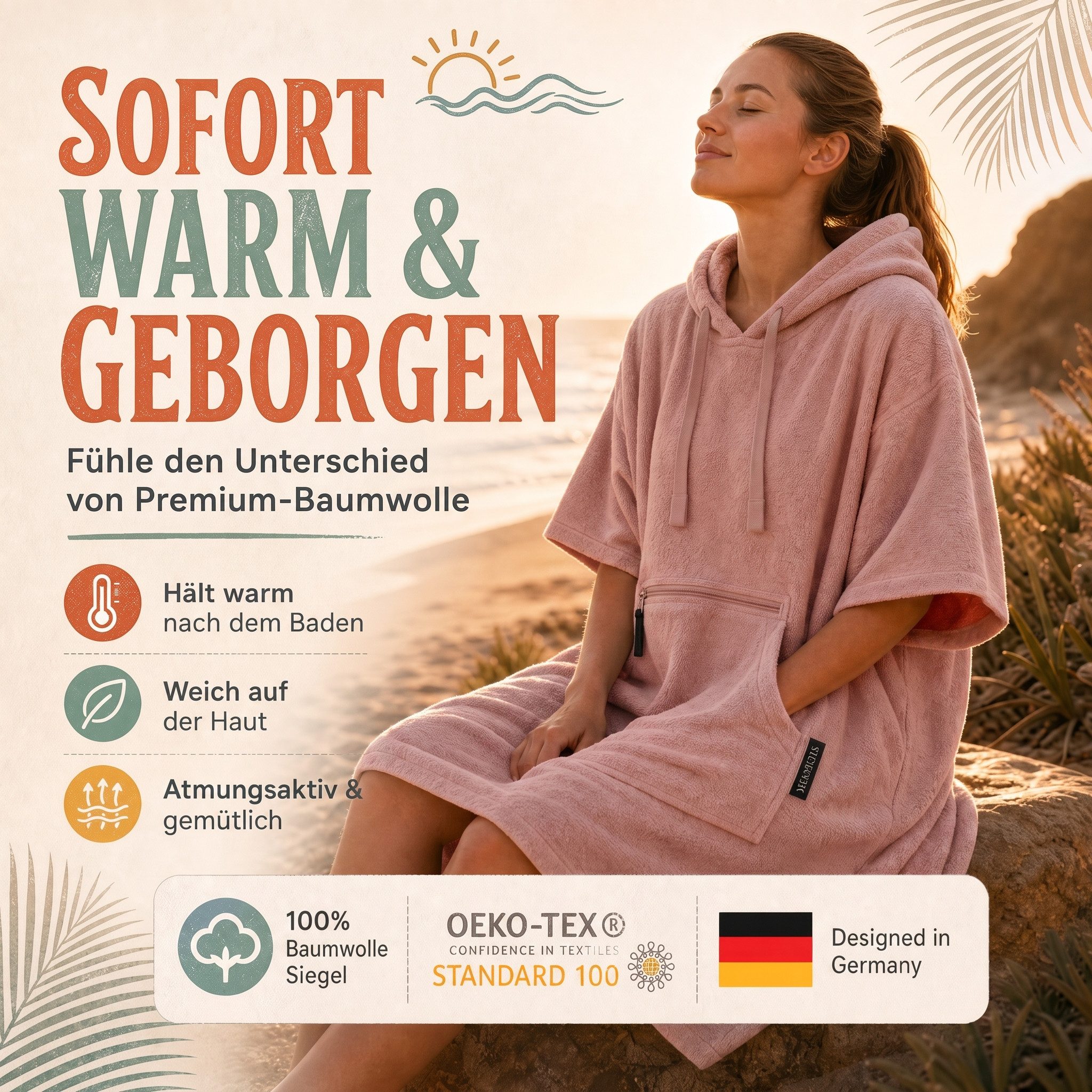 SIEGENTHAL Badetücher SIEGENTHAL® Strandponcho für Damen, Herren & Kinder aus Baumwolle, Integrierte Reißverschlusstasche für Wertsachen