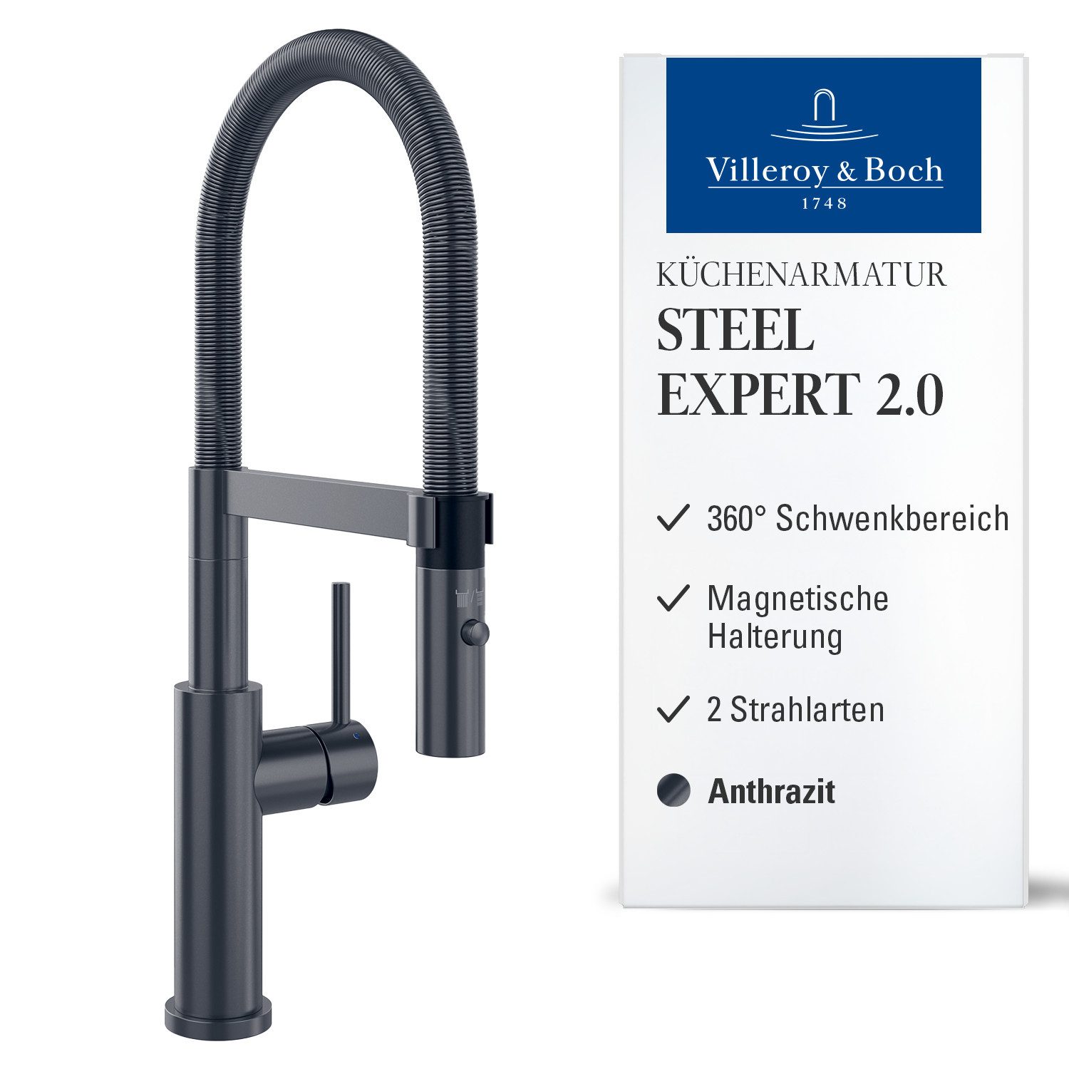 Villeroy & Boch Küchenarmatur Steel Expert Compact Window 360° Schwenkbereich, 2 Strahlarten, Anthrazit