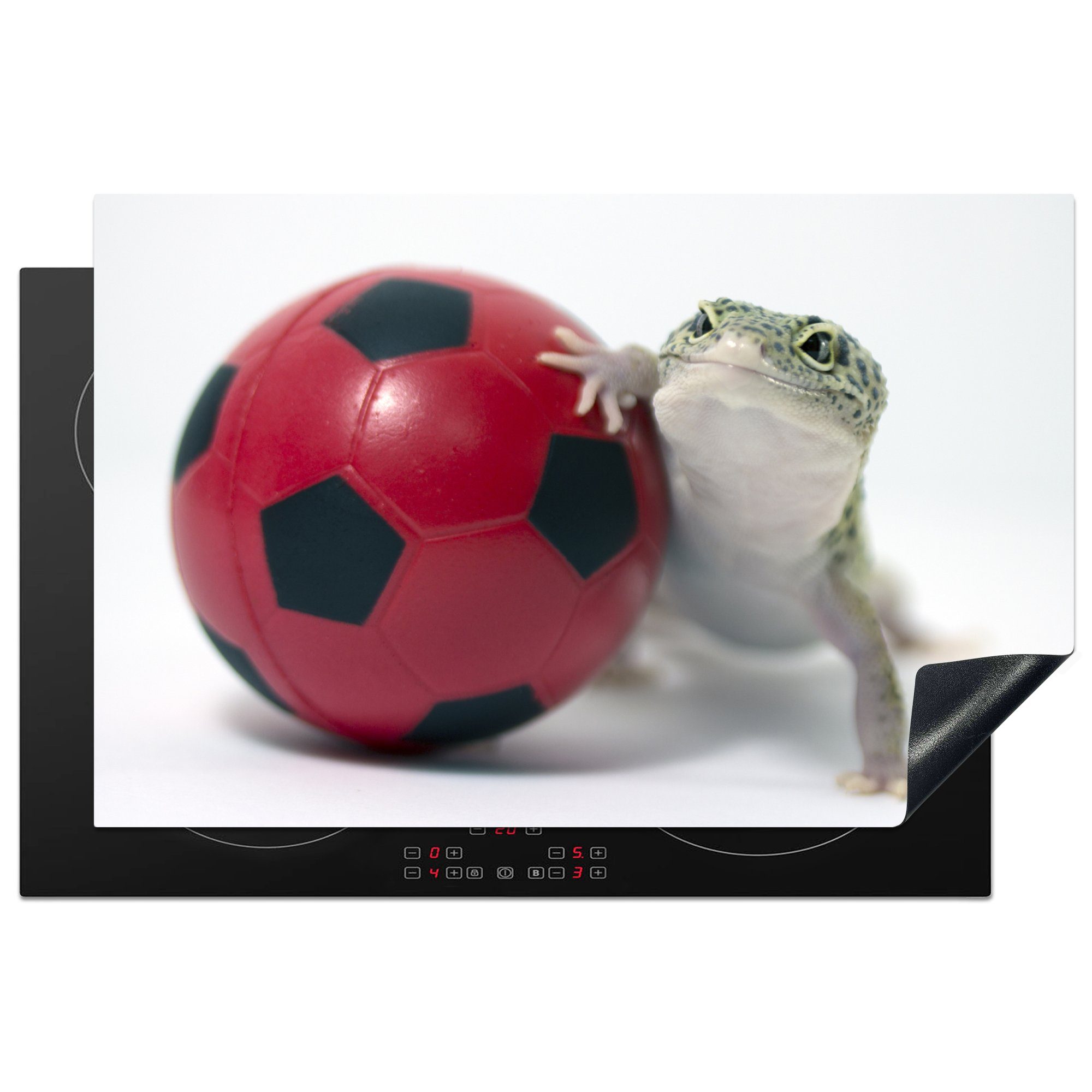 MuchoWow Herdblende-/Abdeckplatte Gecko mit einem Ball, Vinyl, (1 tlg), 81x52 cm, Induktionskochfeld Schutz für die küche, Ceranfeldabdeckung