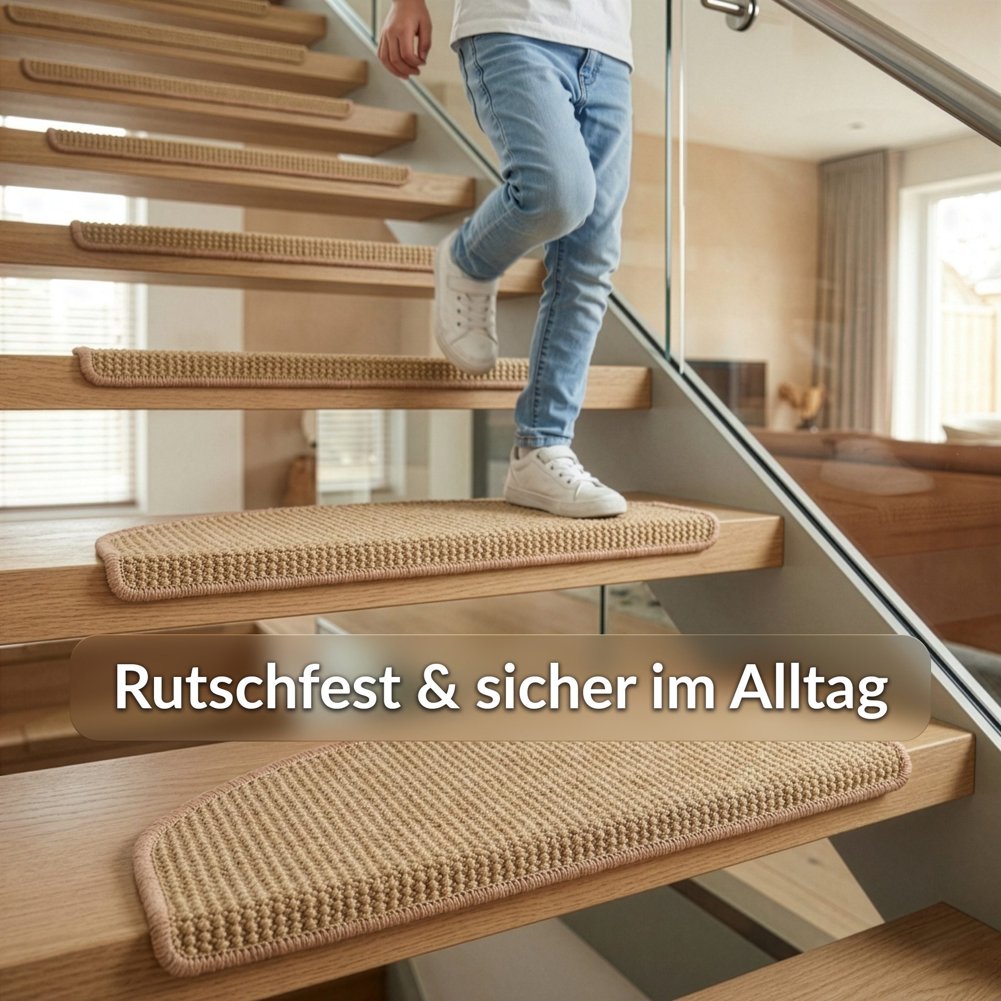 Floordirekt Stufenmatte Pearl, Sisal Treppenauflage halbrund, rutschhemmend, gekettelt, Halbrund, Mit Winkelprofil, Selbstklebend, Schalldämmend – Bild 5 von 5