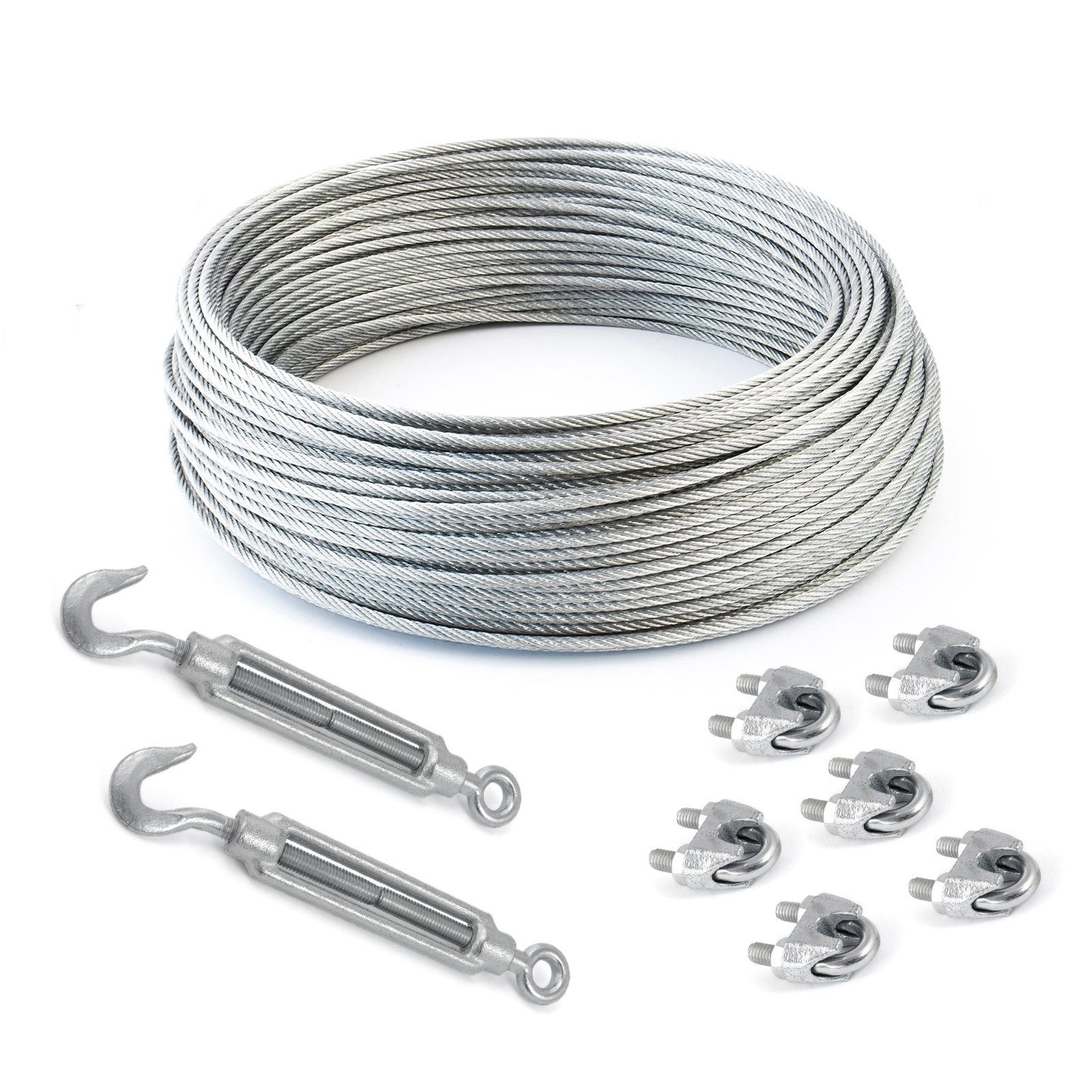DQ-PP Drahtseil DQ-PP Stahlseil SET 10m, 3-5mm, 6x7, Klemmen, Kauschen, Schrauben