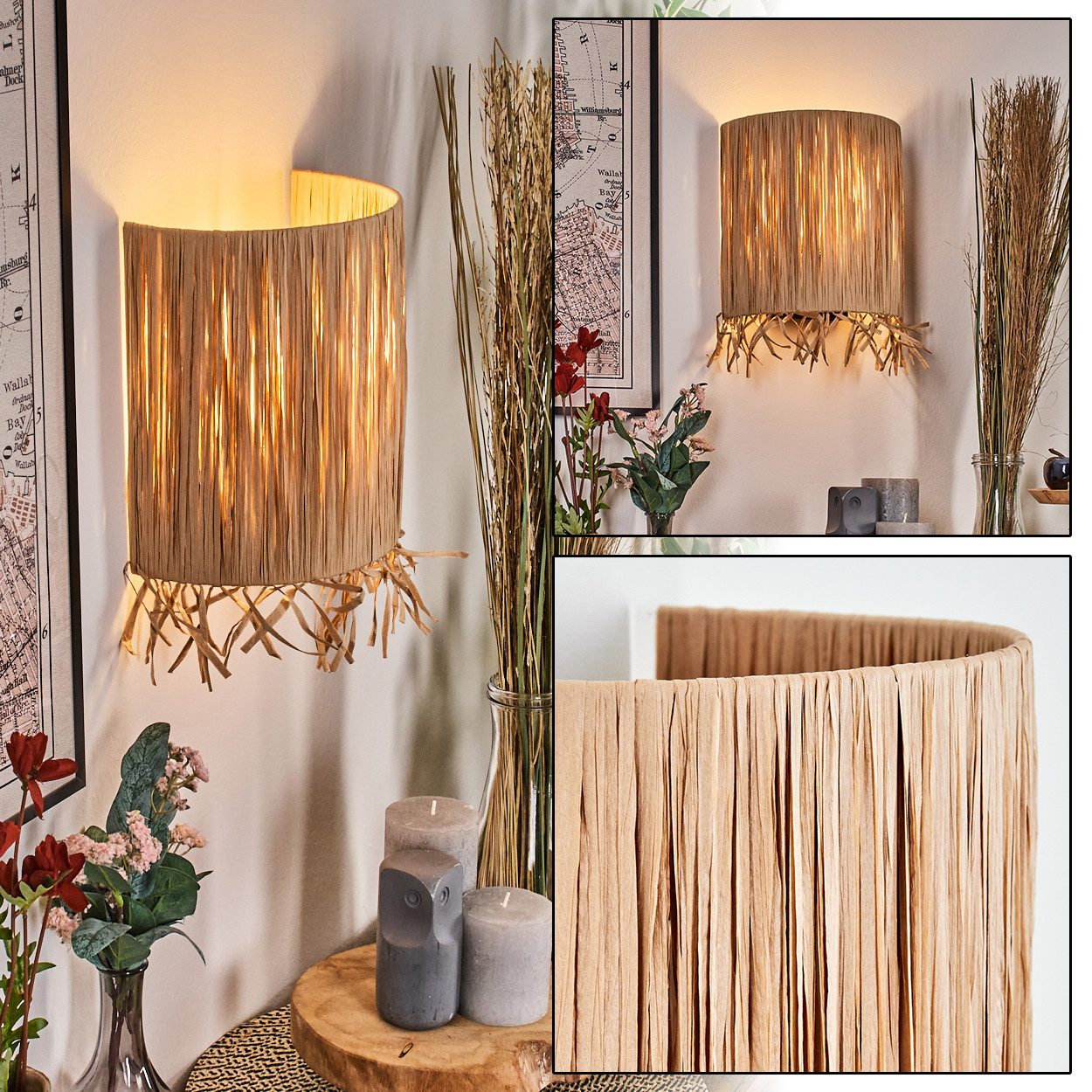 hofstein Wandleuchte Wandlampe aus Metall/Bast in Schwarz/Natur mit Lichteffekt, Wandleuchte Boho-Design, Stecker u. Schalter, abnehmbares Kabel, E27
