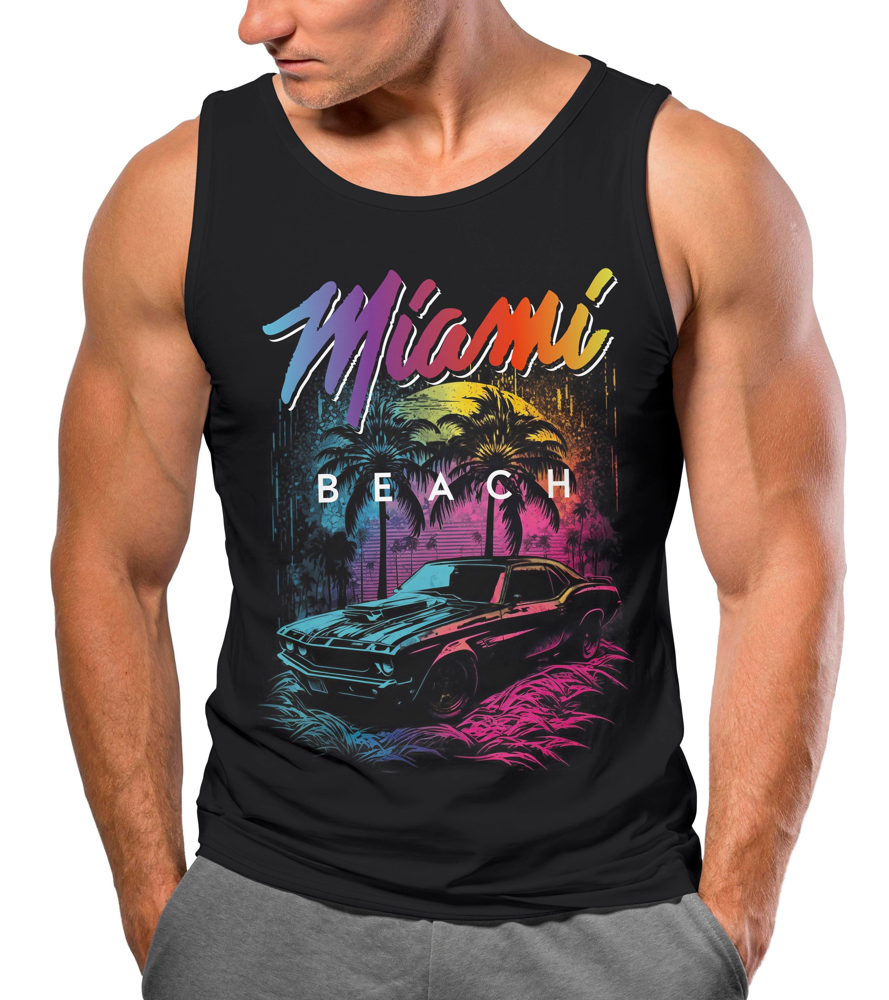 Neverless Tanktop Herren Tank-Top Miami Beach USA Oldtimer Car Palmen Print günstig online kaufen