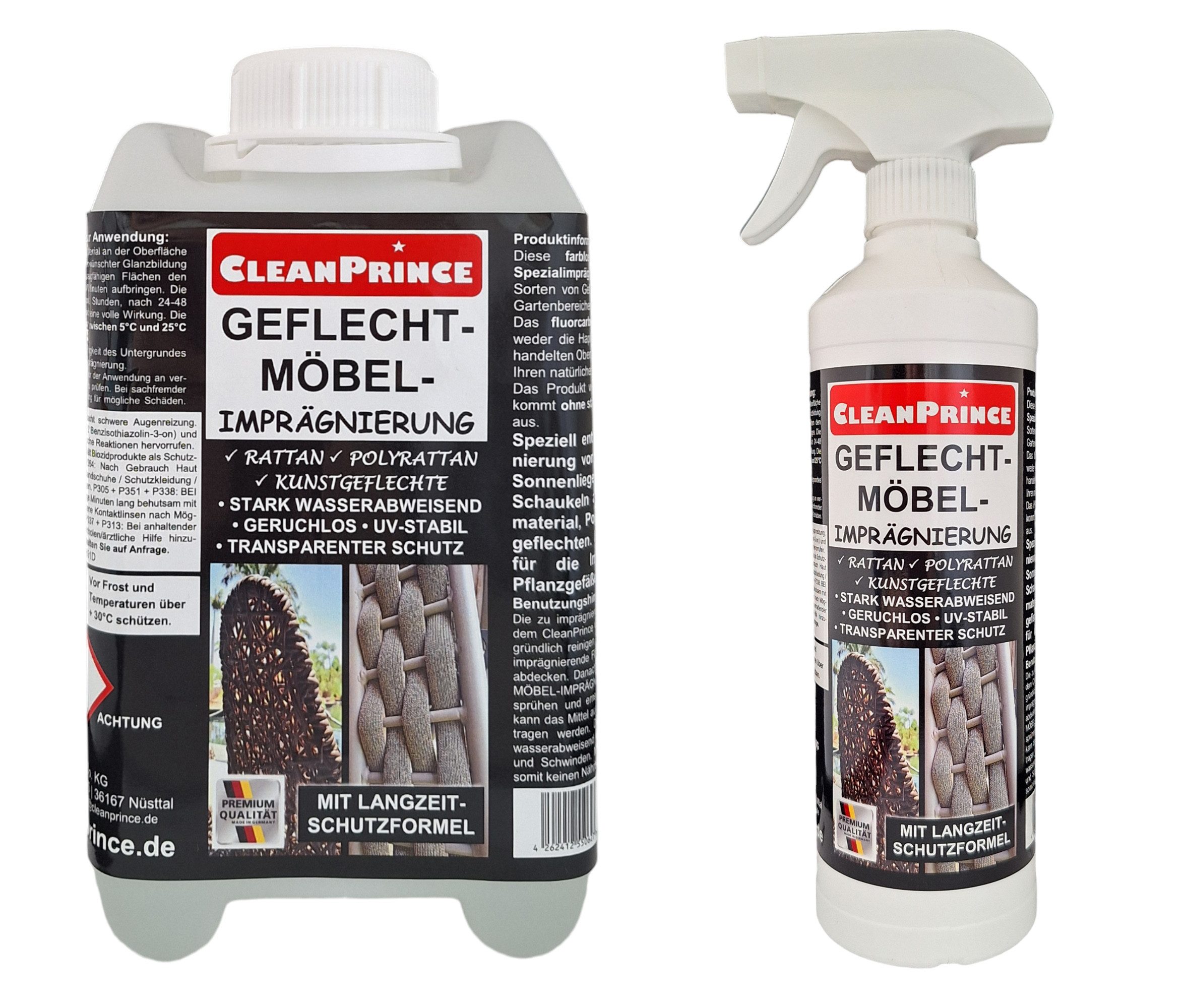 CleanPrince Geflecht Möbel Imprägnierung, Poly- & Rattan transparent versiegeln Imprägnierspray, tiefenwirksame Spezialimprägnierung UV-stabil