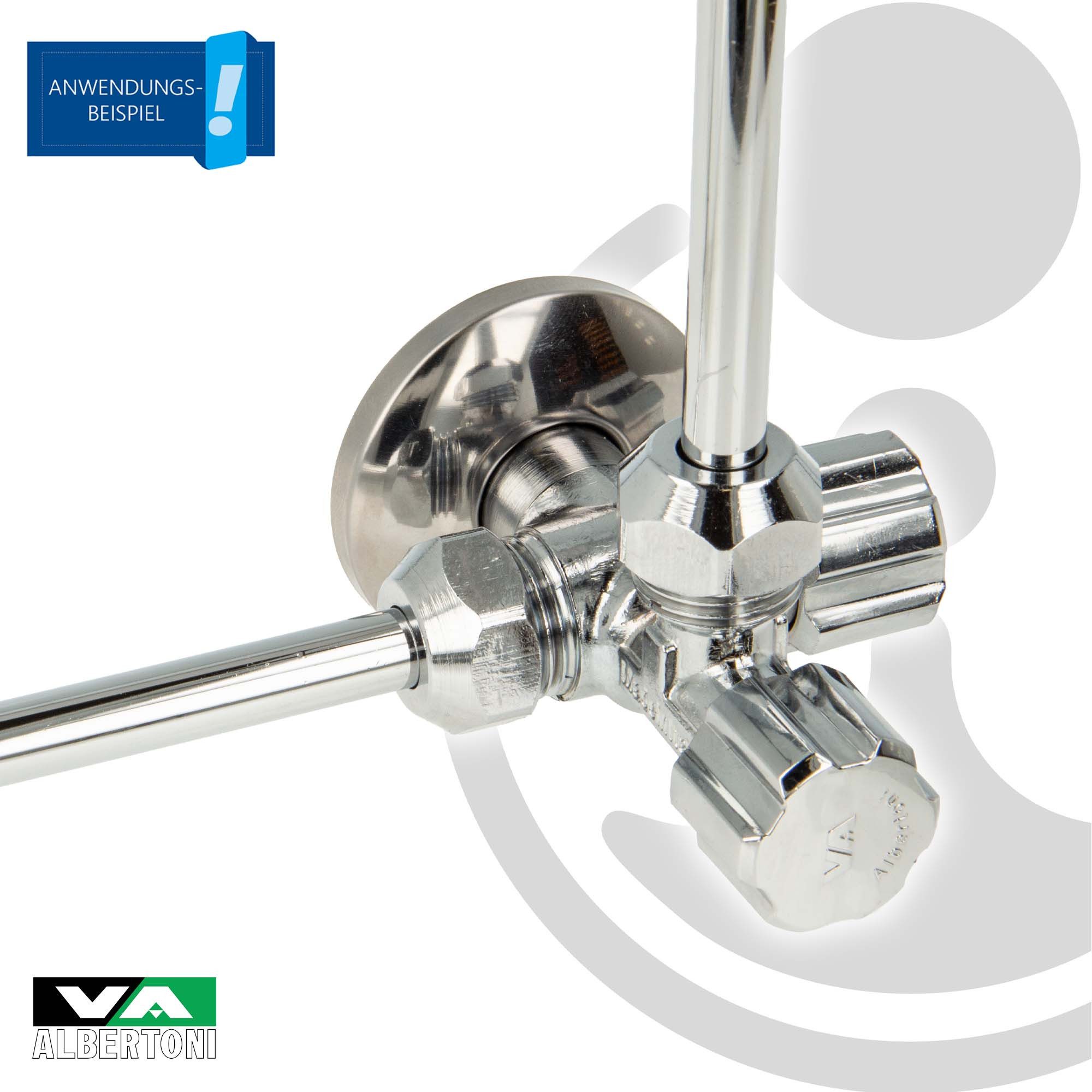 VA Albertoni Eckventil Doppeleckventil 1/2 Zoll (DN 15), mit. 2 x 1/2 Zoll Abgängen, D445694, einzeln absperrbar – Bild 4 von 5