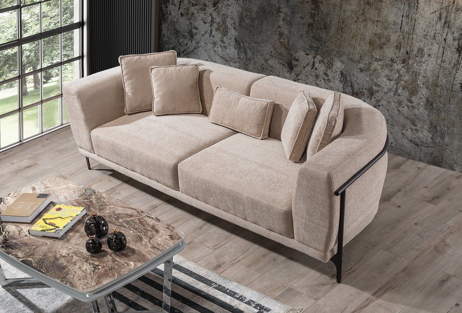 Villa Möbel Sofa BUENOS pflegeleichter Mikrofasersamtstoff 1 3-Sitzer, Made Stk. Turkey, AIRES, in Beige Quality