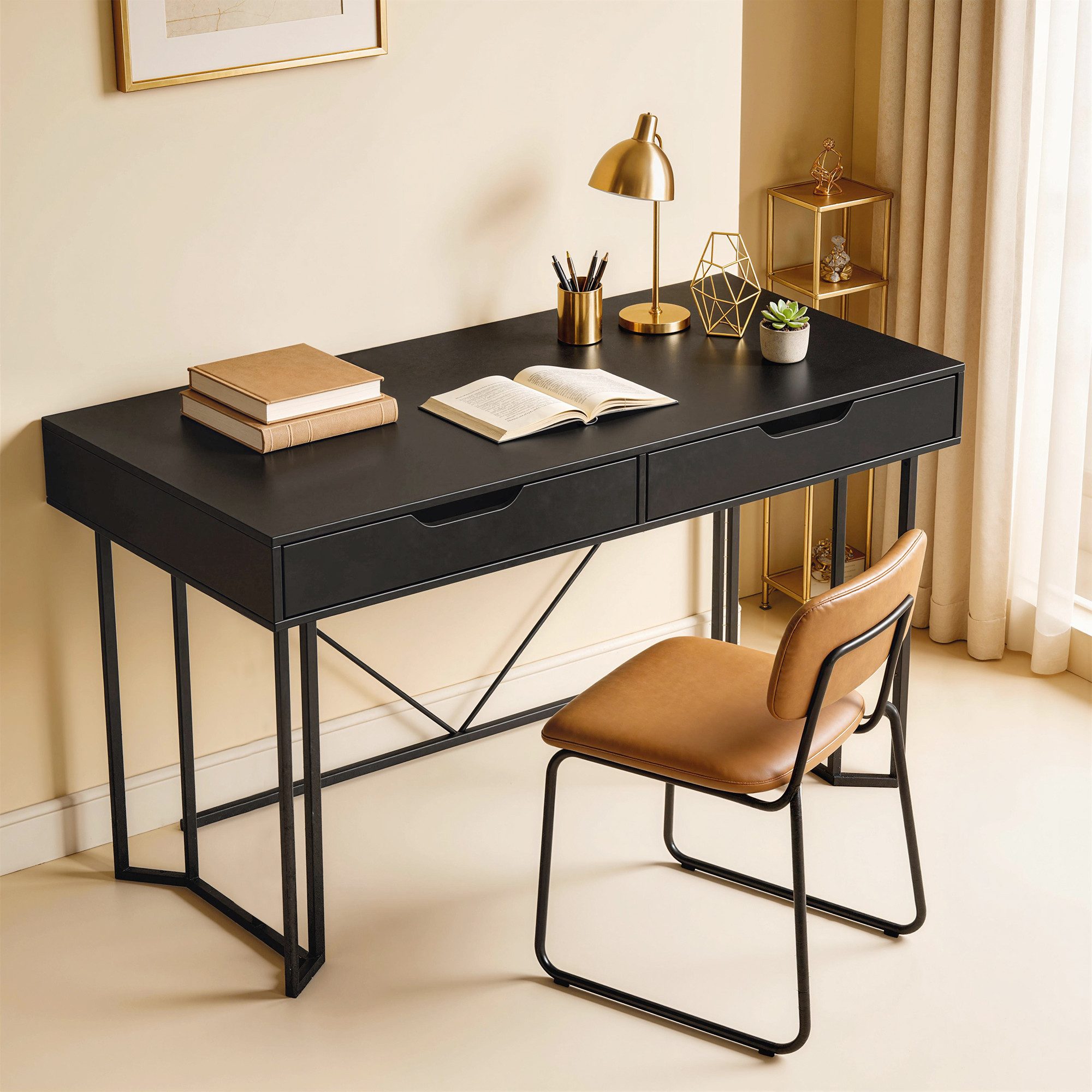 HOMCOM Schreibtisch Computertisch mit 2 Schubladen Bürotisch im Modern-Design (Bürotisch, 1-St., Computertisch), 120 x 60 x 77 cm Schwarz
