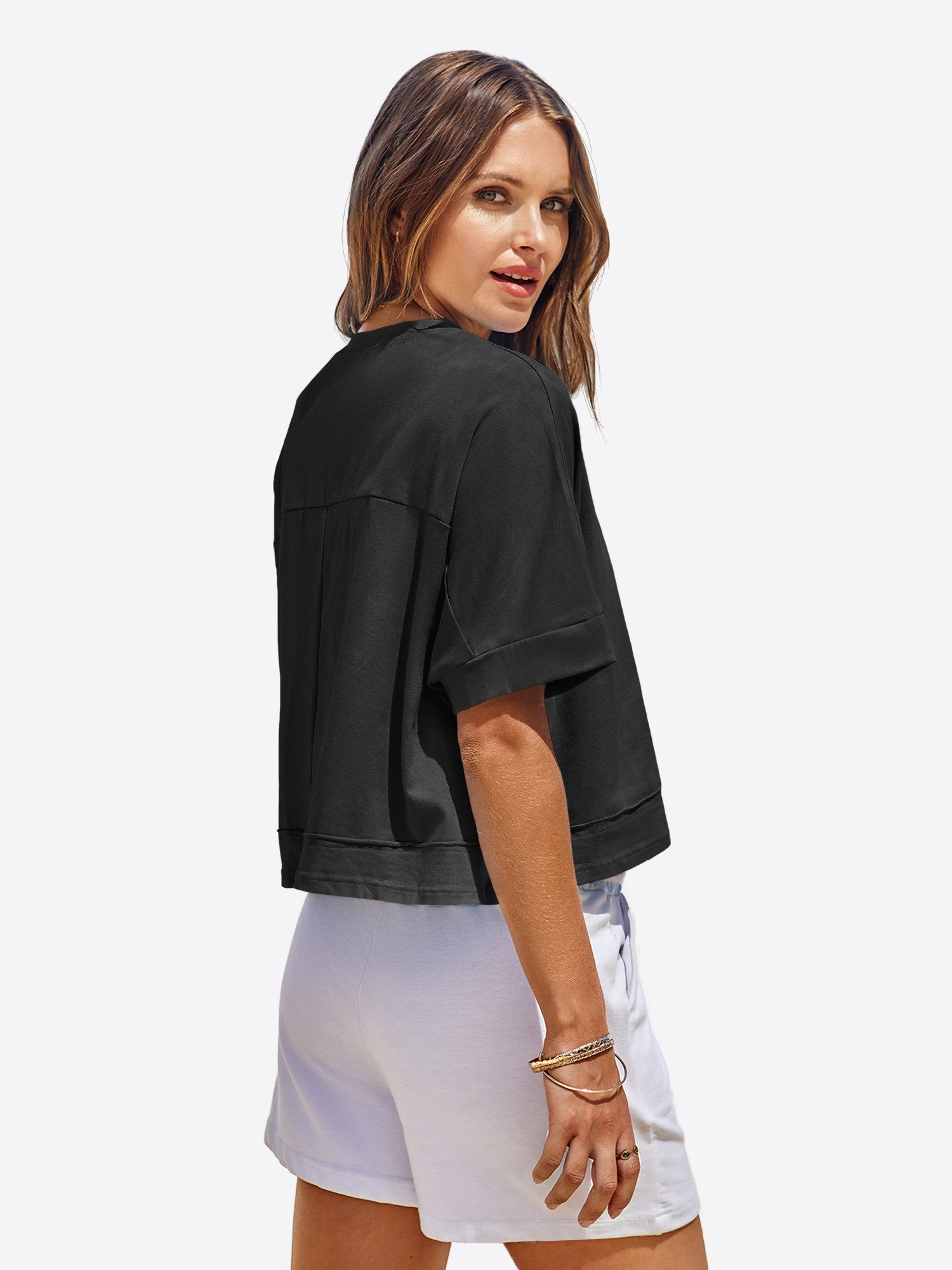 Imily Bela T-Shirt Damen Oversize Cropped Kurzarm Sommer Basic Casual mit Brusttasche (Packung, 1-tlg., 1per-Pack) mit Rundhalsausschnitt in Unifarbe – Bild 2 von 5