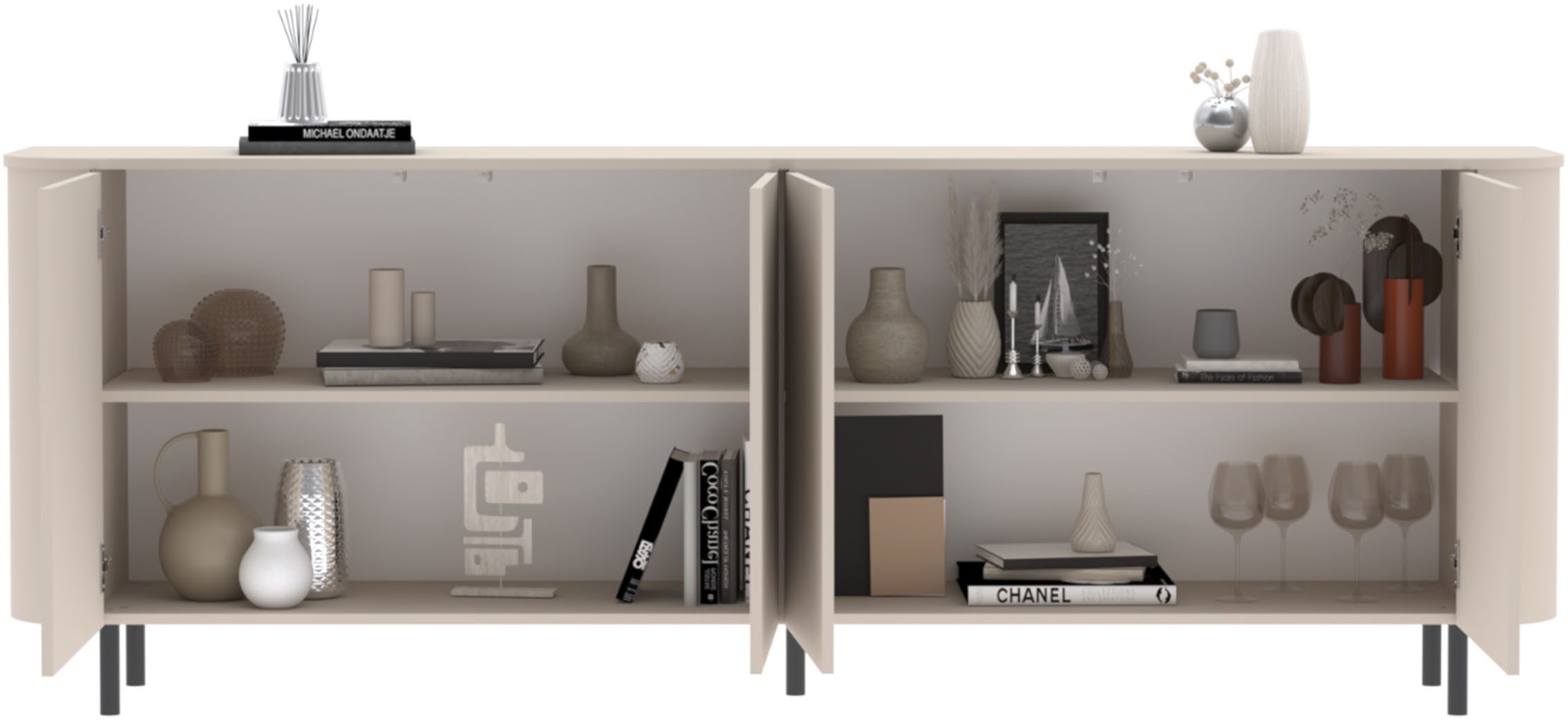 OTTO home Vitrine Formgebogenes MDF, Stirnseiten mit Rundung, Push-to-open, Metallfüße