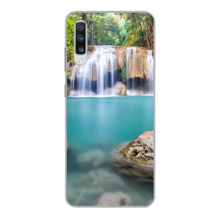 MuchoWow Handyhülle Moosbewachsene Felsen vor dem Wasserfall im Erawan-Nationalpark Phone Case Handyhülle Samsung Galaxy A70 Silikon Schutzhülle