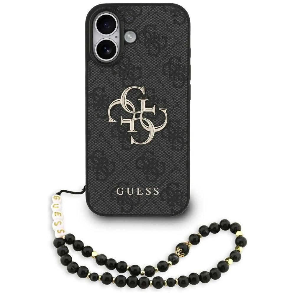 Guess Handyhülle Case iPhone 17 Kunstleder grau Big Logo goldfarbig Kette 6,3 Zoll, Kantenschutz
