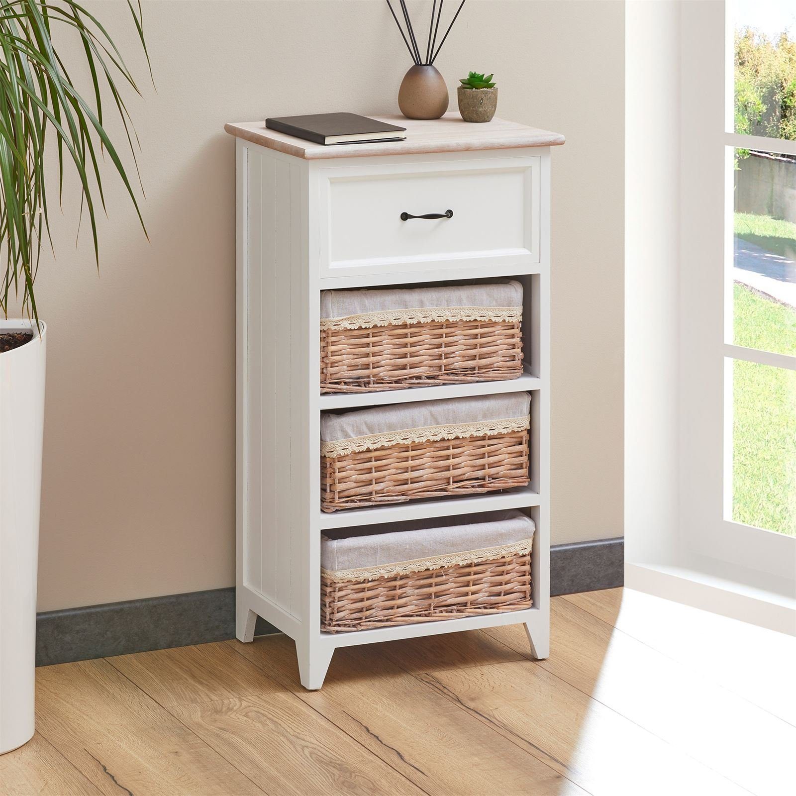 CARO-Möbel Kommode PROVENCE, Kommode PROVENCE Sideboard Schrank für Flur weiß mit 3 Körben Landhaus