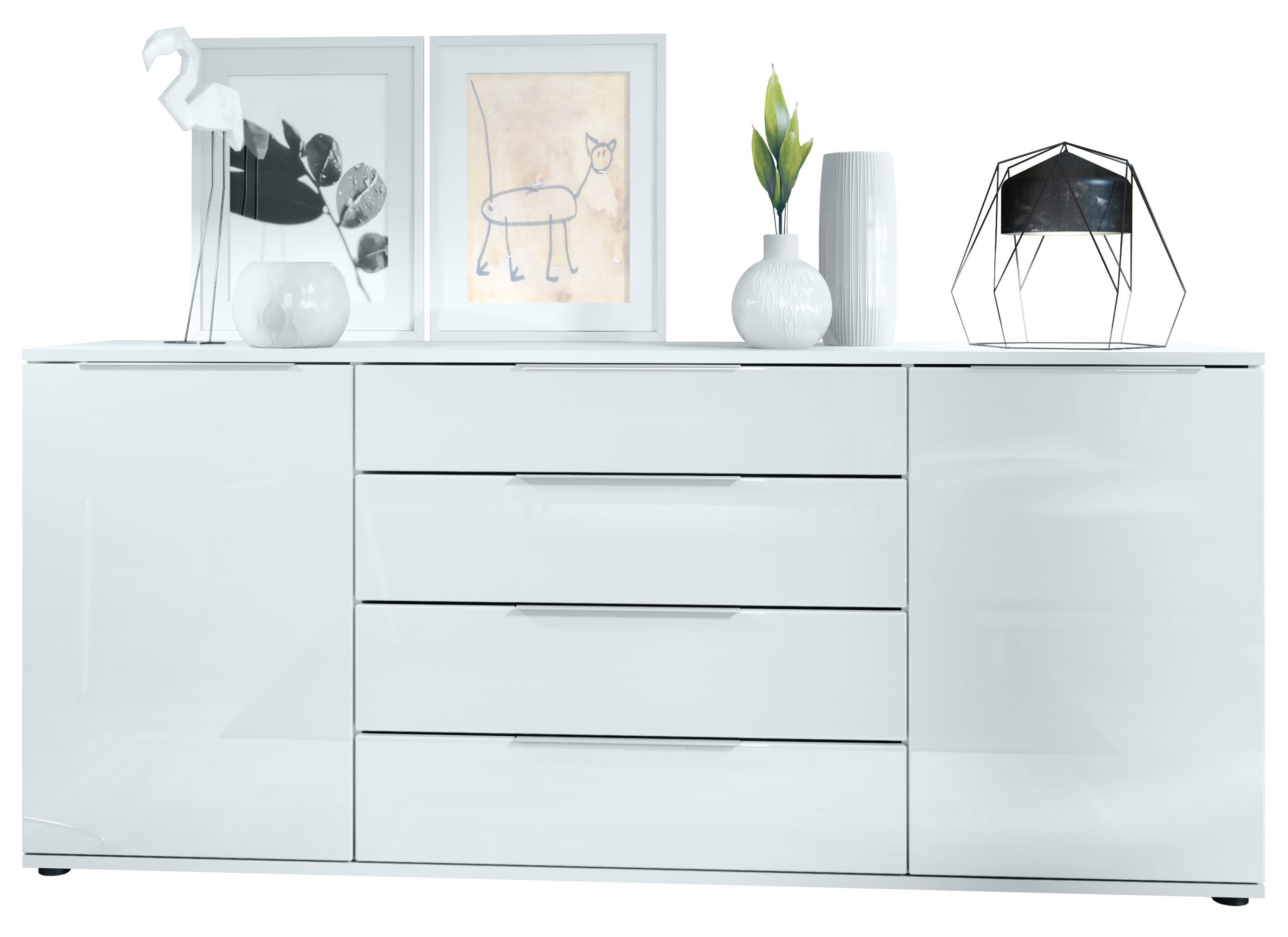 Vladon Sideboard Linio (Anrichte, ​ mit 2 Türen und 4 Schubladen), Weiß  matt/Weiß Hochglanz (166,5 x 72,5 x 35 cm)