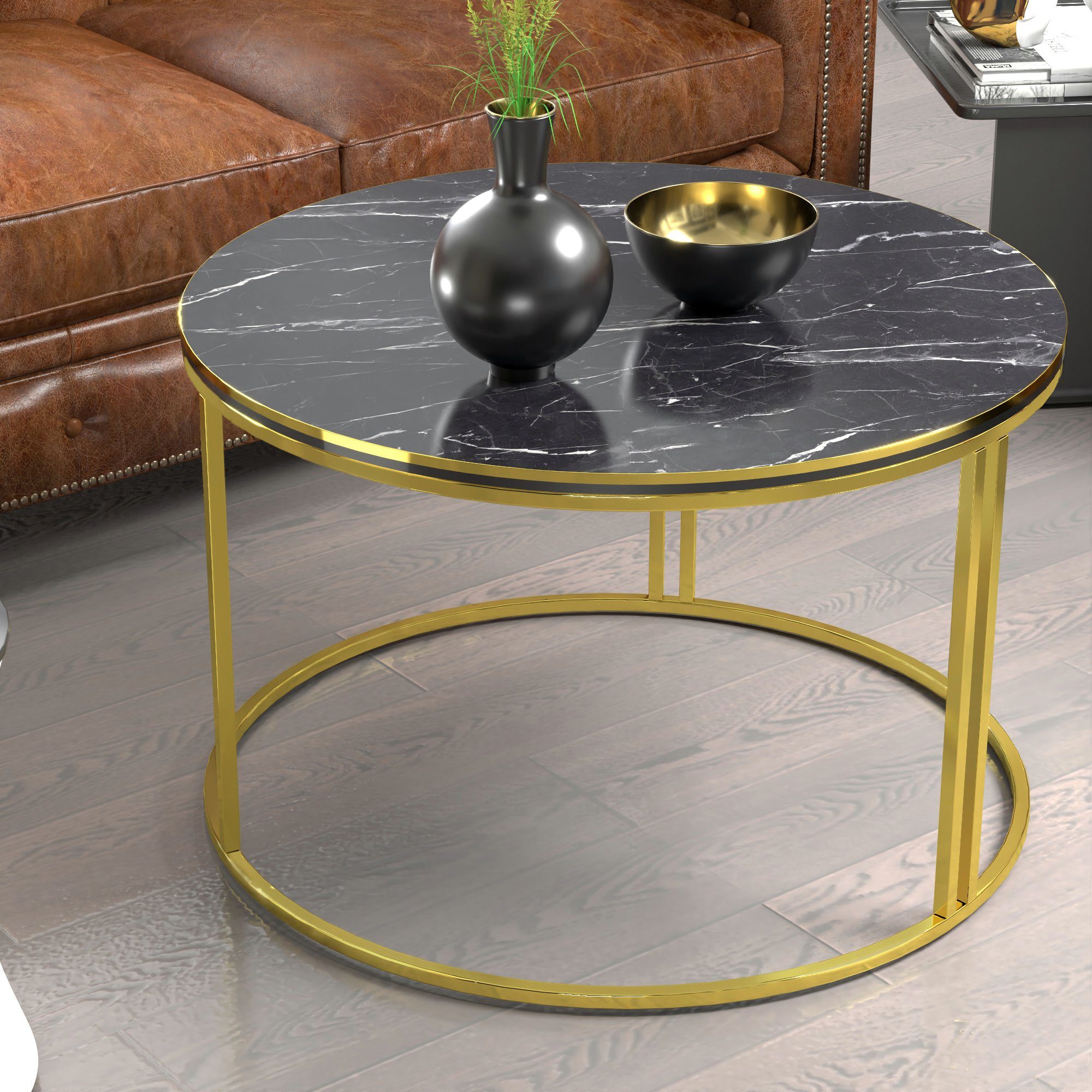 en.casa Couchtisch, »Aulum« Beistelltisch 50xØ80cm Marmor/Schwarz-Gold Gold | Marmor schwarz