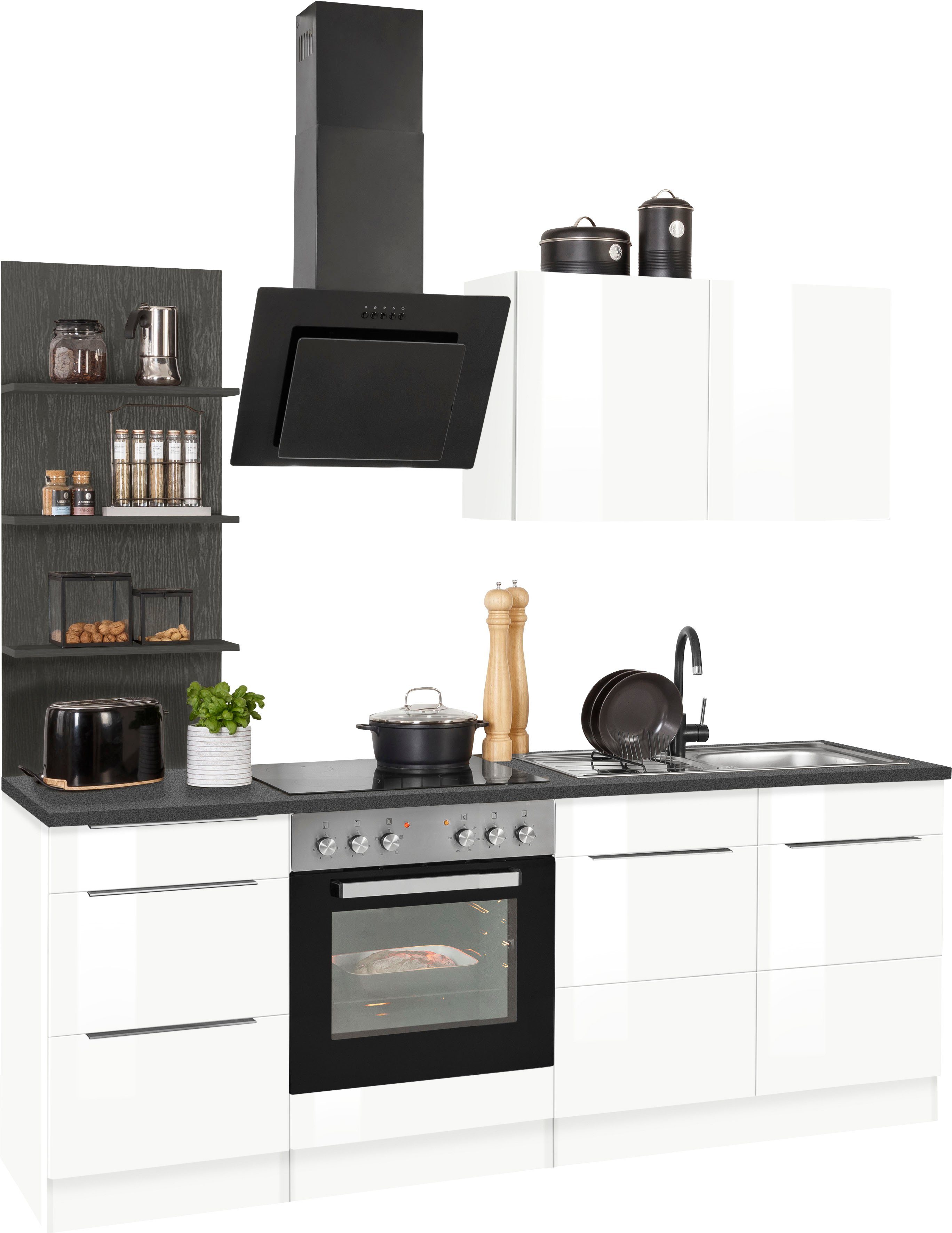 HELD MÖBEL Küchenzeile Brindisi, mit weiß E-Geräten, weiß 210 Hochglanz/weiß | Breite cm