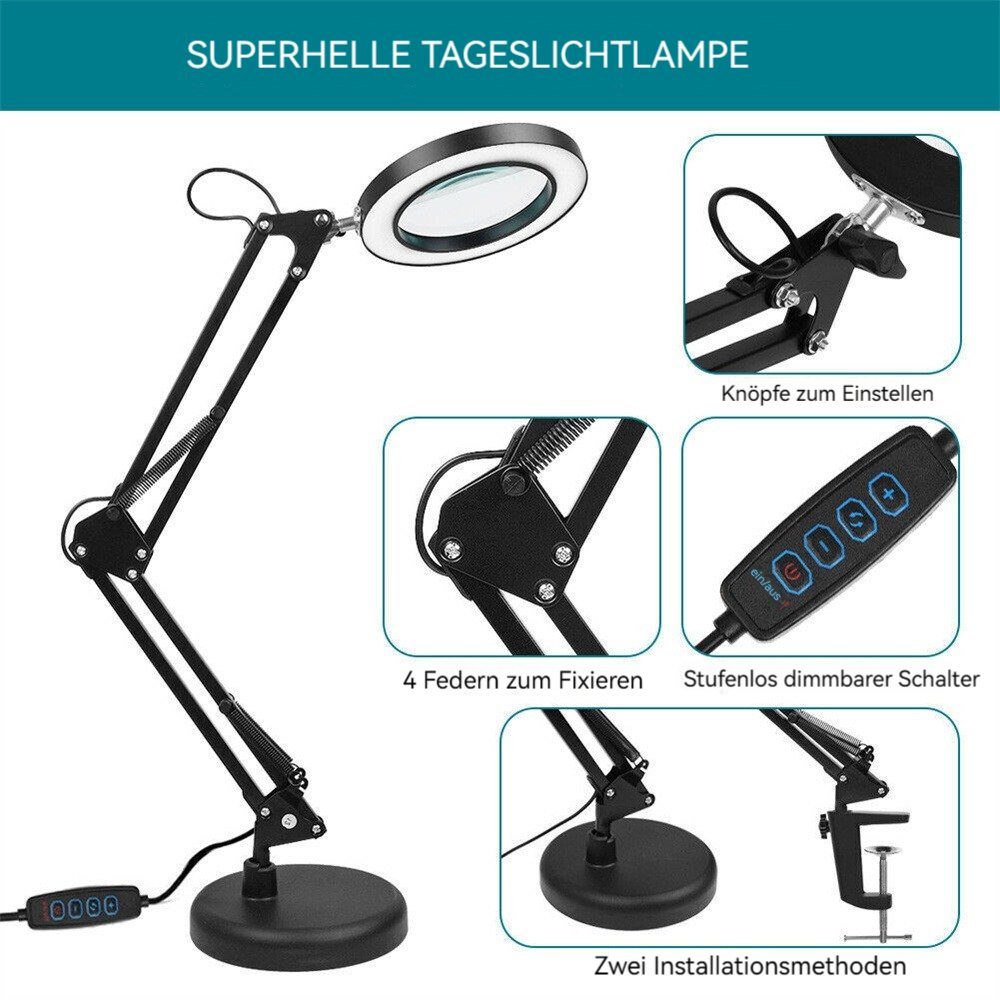 Dekorative LED Schreibtischlampe 2-in-1 stufenlos dimmbare LED-Schreibtischlampe,  Lupe mit Licht und Ständer