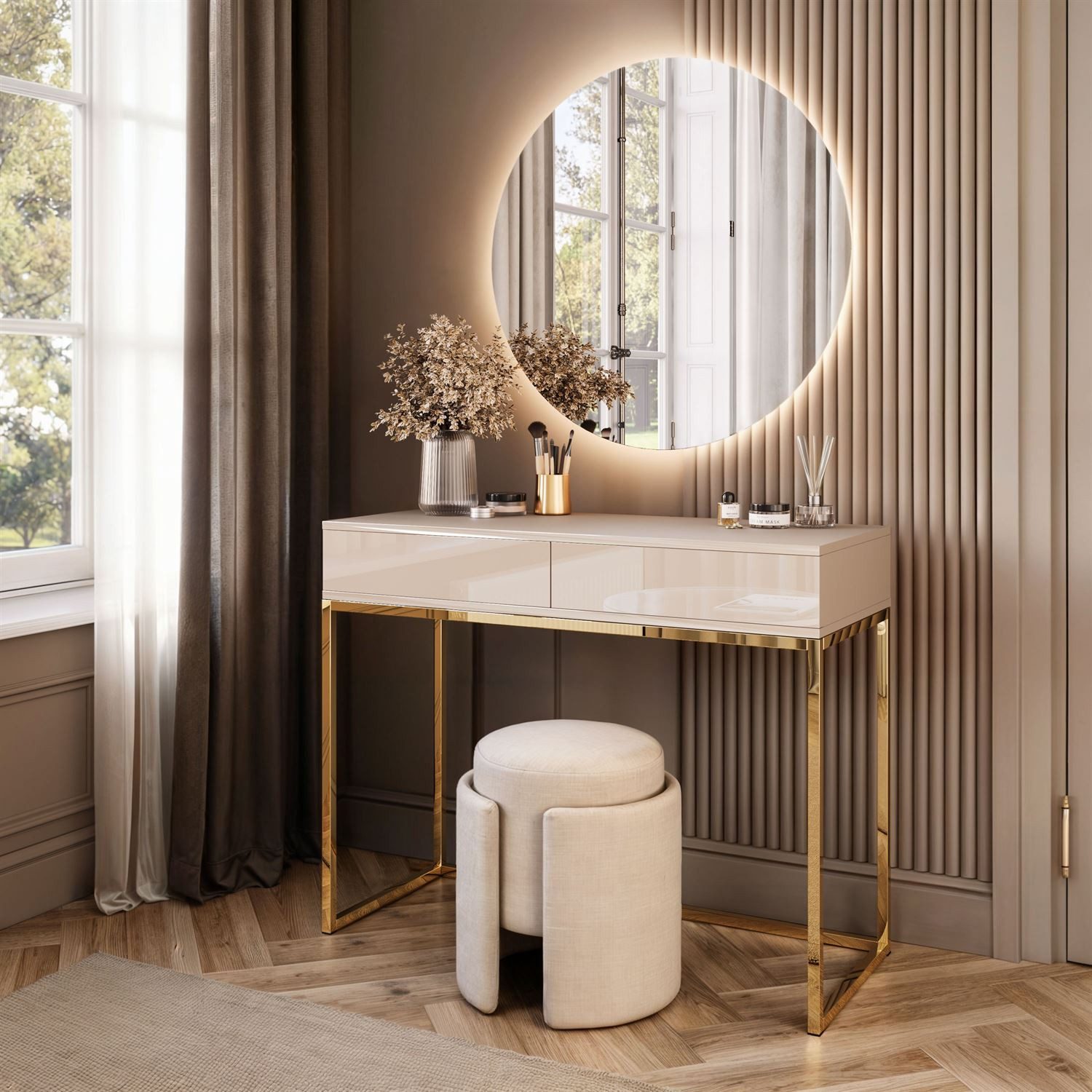 Lookway Schminktisch BLANCO GLAMOUR KASCHMIR auf goldchromenen Gestell mit LED-Spiegel (1x Konsole, 1x Spiegel mit Led Beleuchtung), Breite: 100 cm