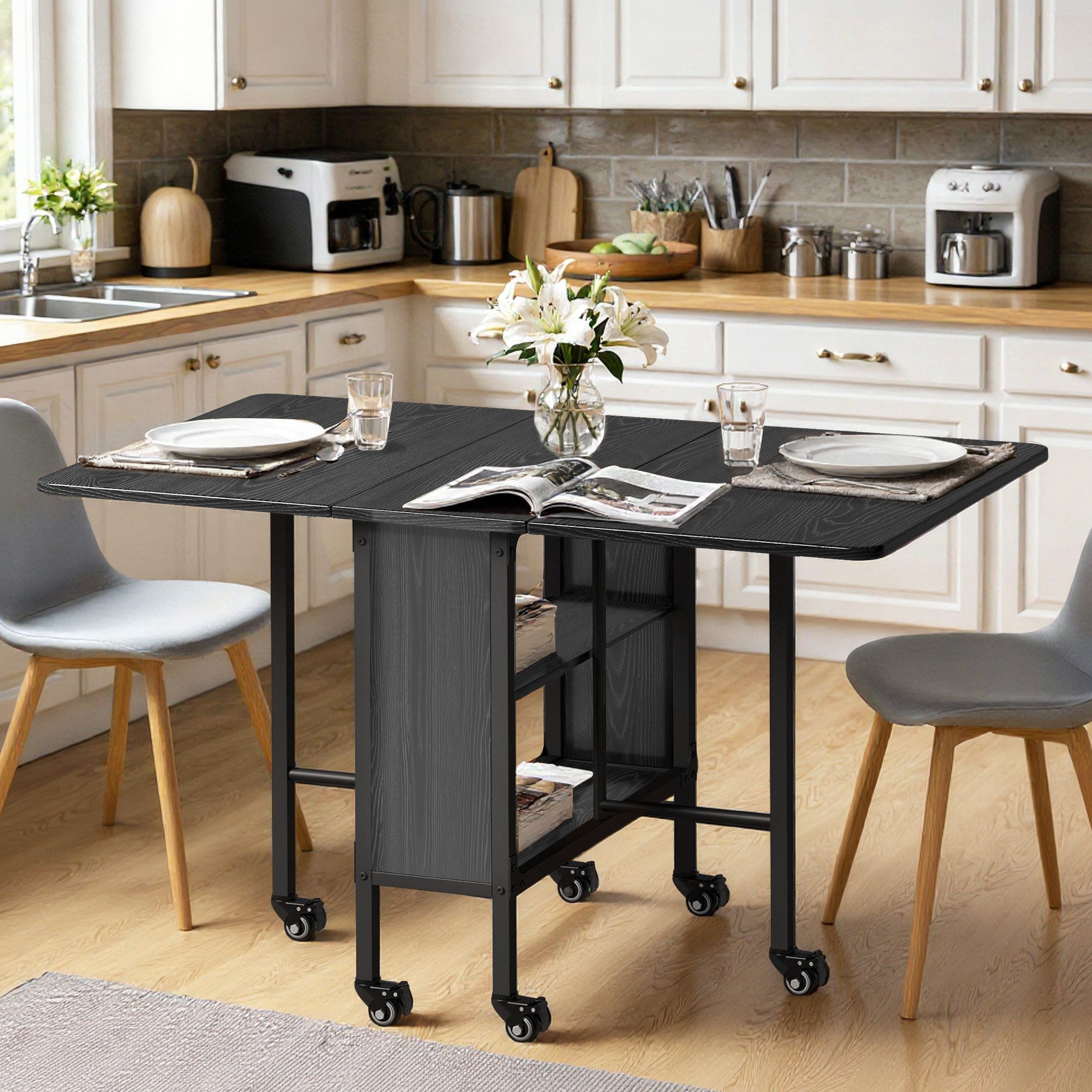 Bealife Klapptisch mit Ablage und 6 Rollen, Esszimmertisch für 6 Personen (Platzsparendes Design, 1-St. Esstisch)